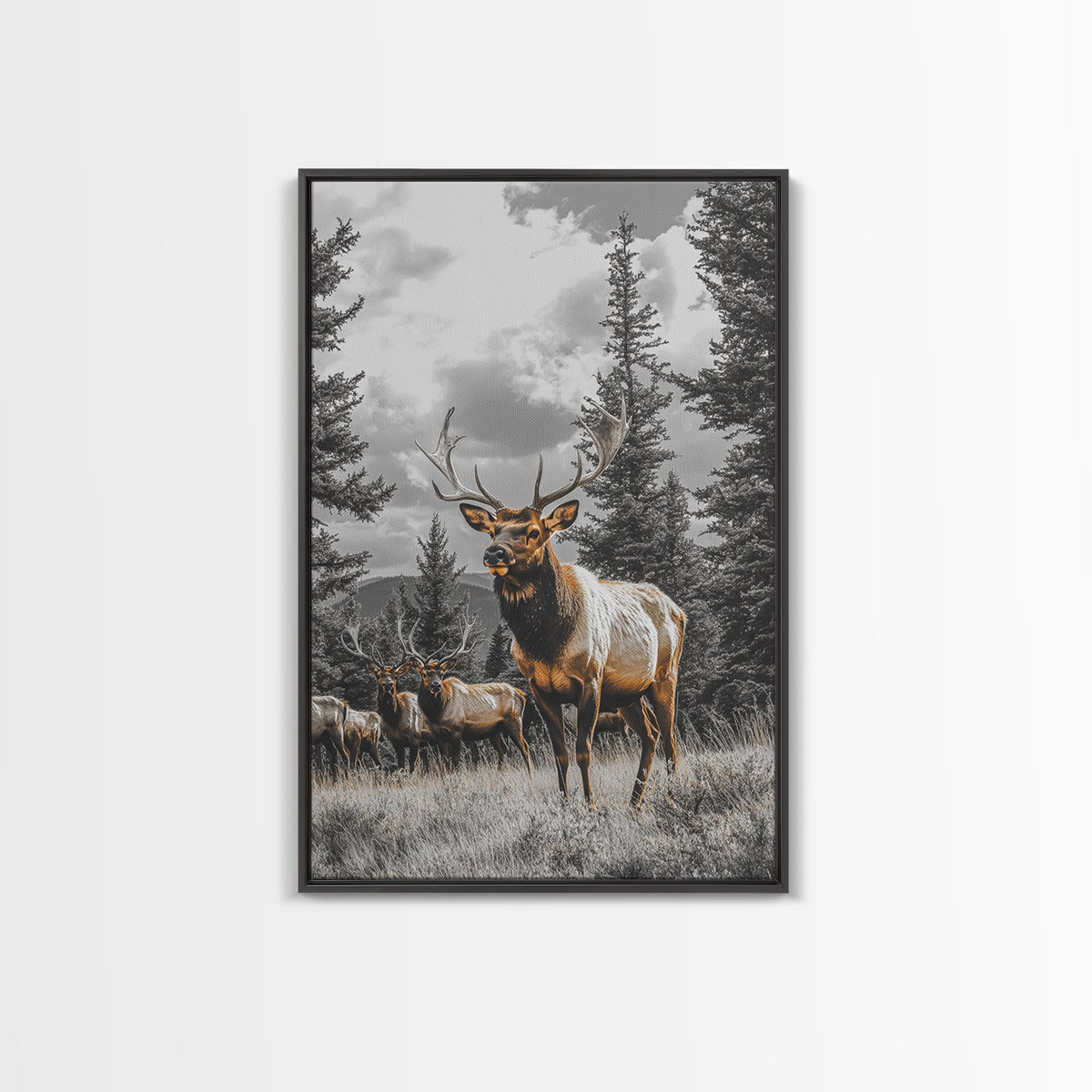 Elk, Forest Wildlife, Rustic Wall Art, Deer Drinking Water in Forest Painting, Cottagecore Wall Art, Nature Art, Canvas Print, Gift Idea