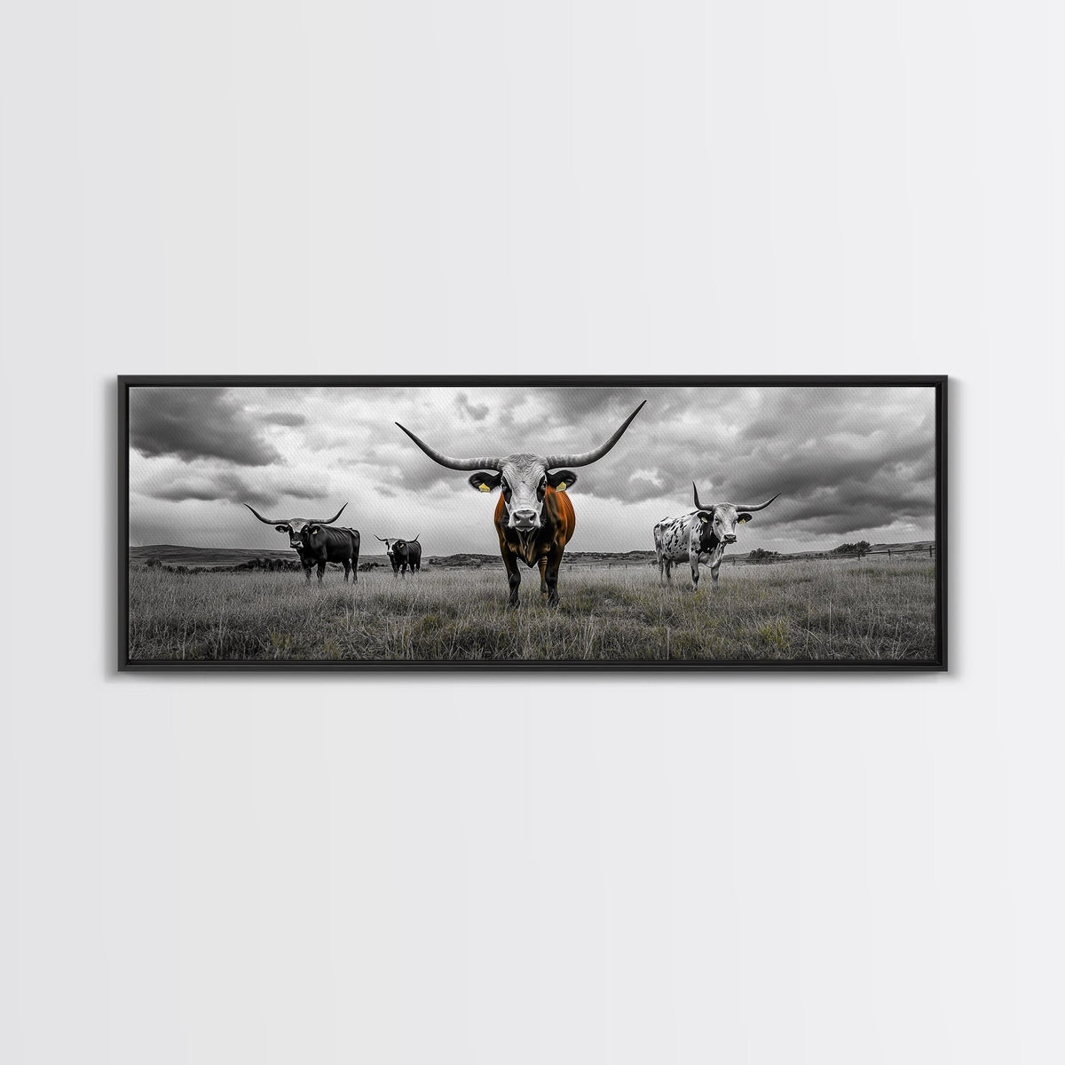 Texas Longhorns, Bull and Bear Art, Rustic Wall Art, Moody Art, Extra Wide Art, Framed Canvas Print, Horizontal Wall Art, Gift Idea
