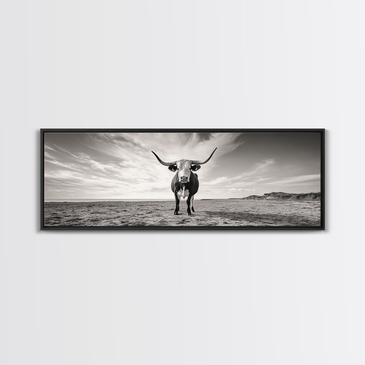 Longhorn, western landscape, bull and bear art, panoramic art, extra wide art, rustic wall art, framed canvas print, farmhouse decor, moody art