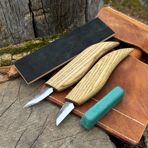 2-Piece Wood Carving Knife Set with Leather Strop and Case | Tool Sets | Wiccan Center