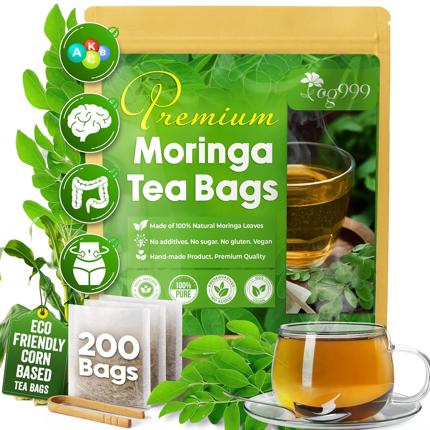 Moringa Leaf Tea Bags, 100% Natural & Pure from Moringa Leaves. Loose Leaf Moringa Herbal Tea. Moringa Leaf Tea. No Sugar, No Caffeine, No Gluten, Vegan | Tea | Wiccan Center