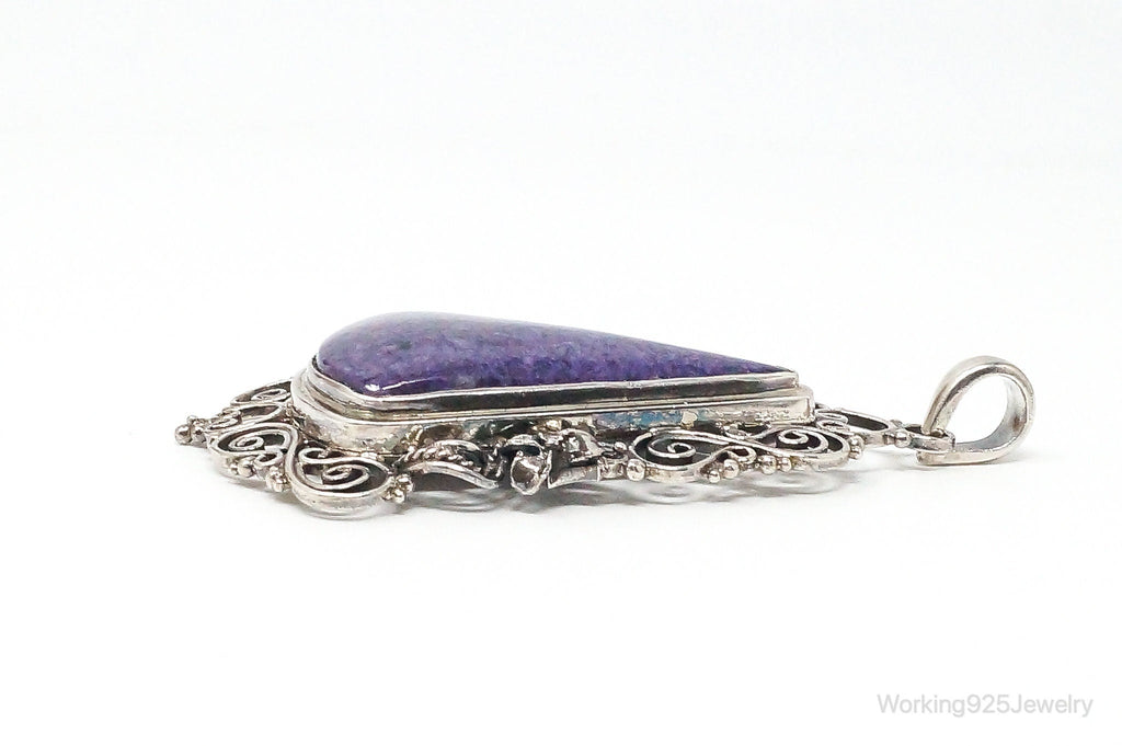 Vintage Purple Charoite Sterling Silver Floral Scroll Statement Necklace Pendant | Jewelry > Necklaces > Pendants | Wiccan Center