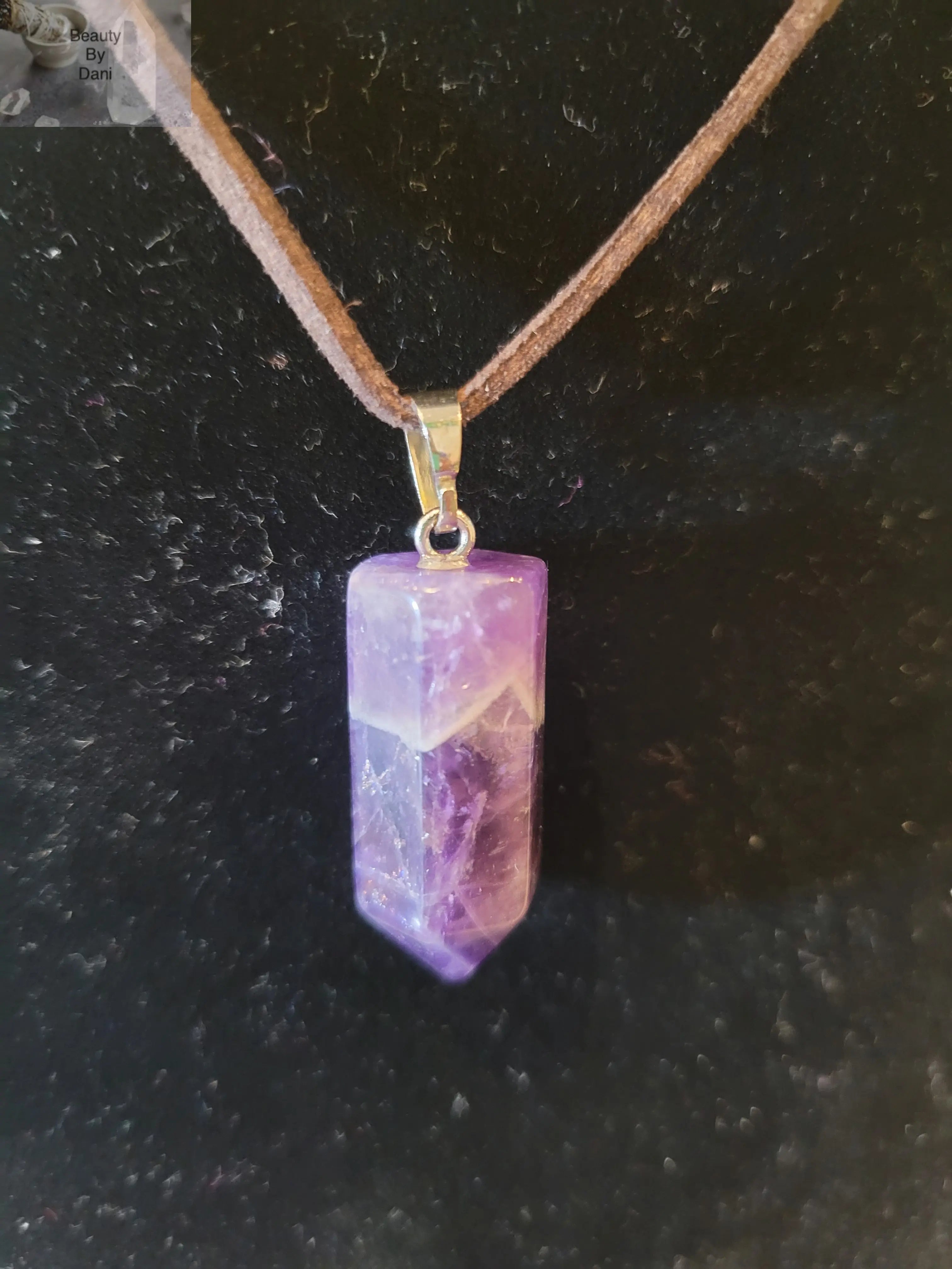 Amethyst Necklace with Stainless Steel and Leather Cord