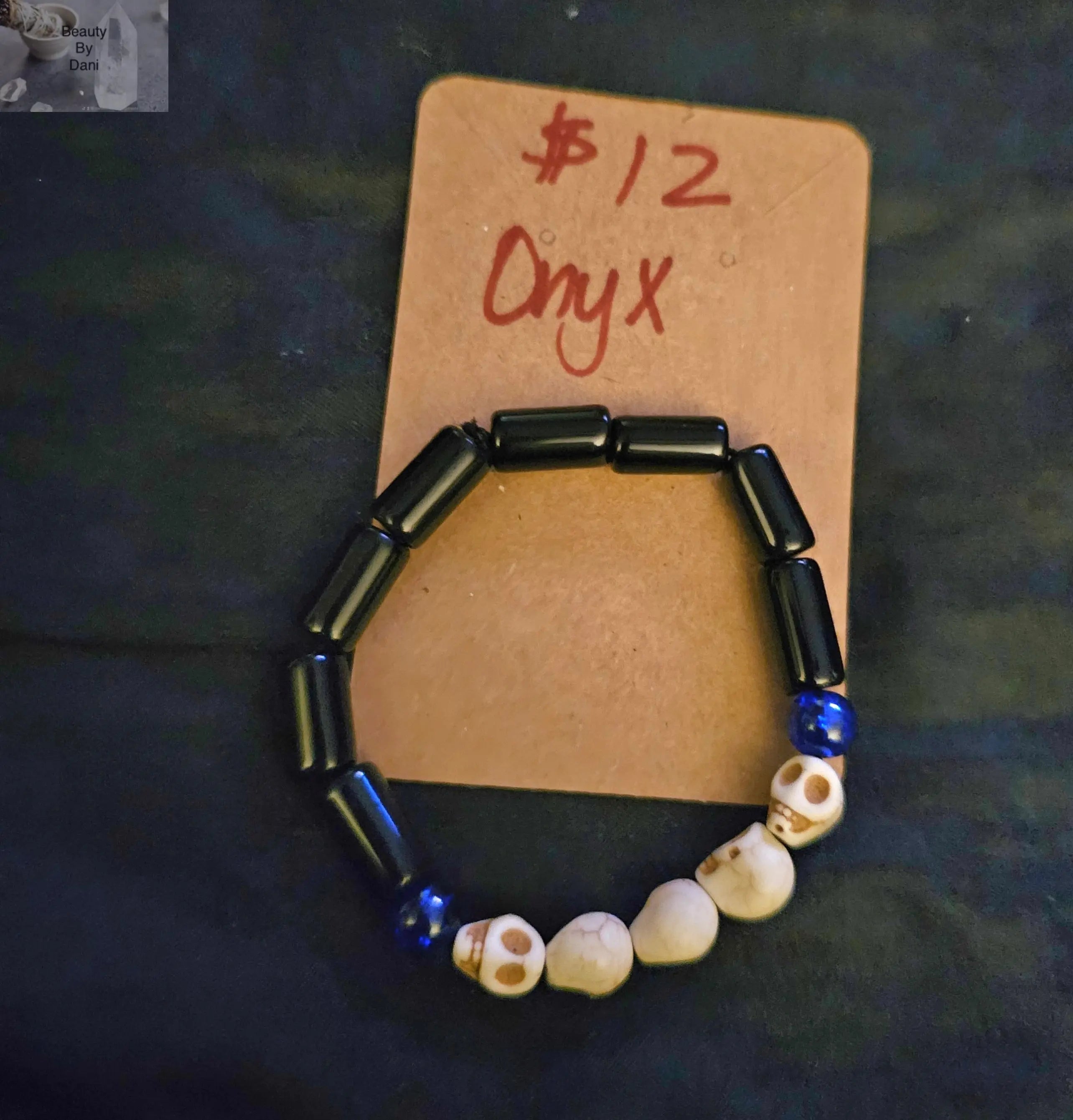 Onyx Skull Bracelet with 8mm Beads