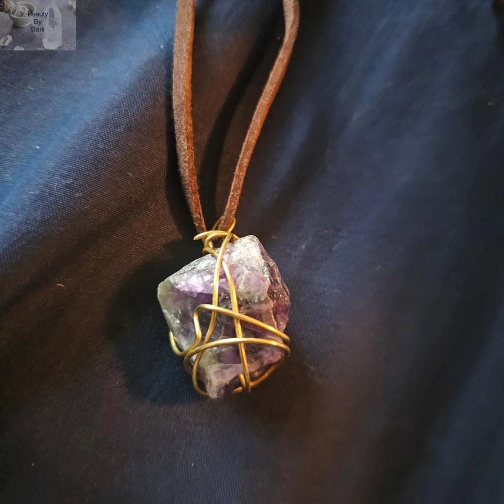 Amethyst Wrapped Necklace on Leather Cord