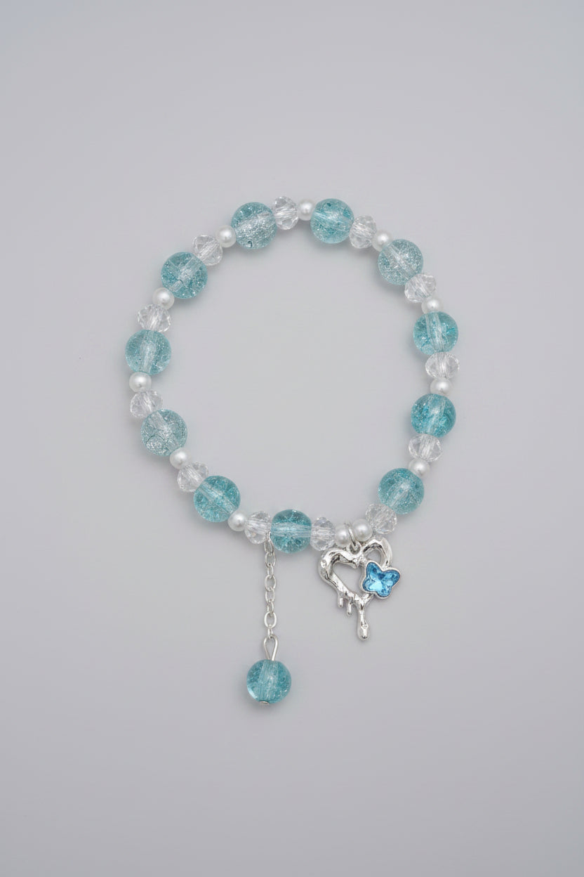 Boho Blue Crackled Glass Beads With Heart Charm Elastic Bracelet