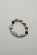 Boho Elastic Grey Glass and Beige Wood Bead Bracelet