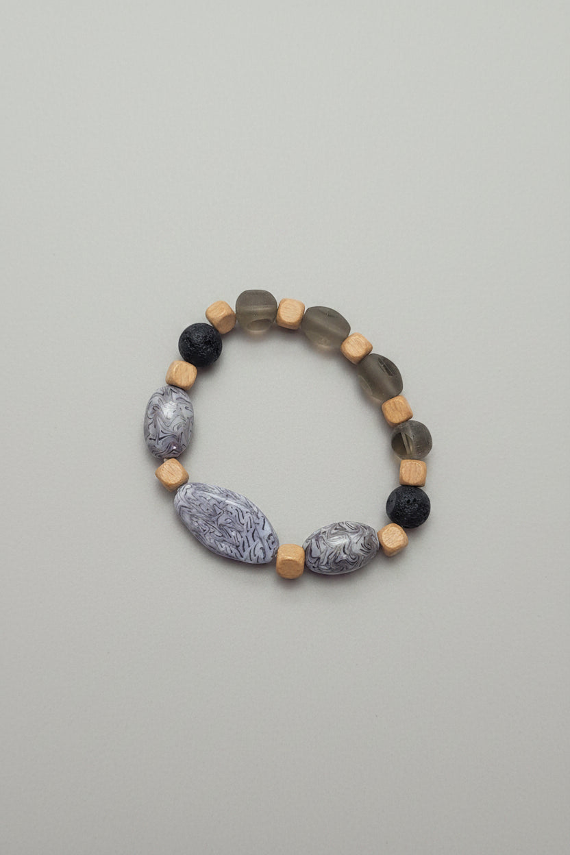Boho Elastic Grey Glass and Beige Wood Bead Bracelet