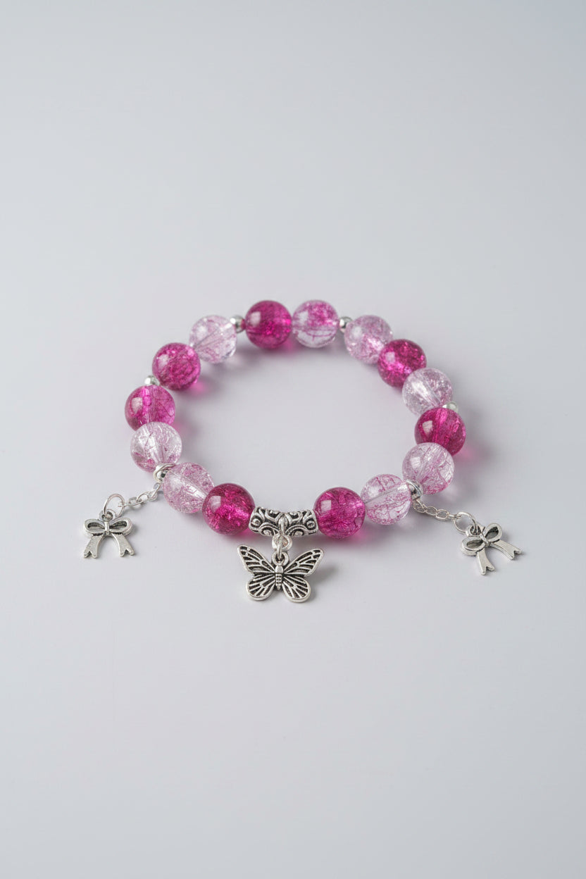 Boho Red Glass Beads Elastic Bracelet With Butterfly and Ribbon Charms