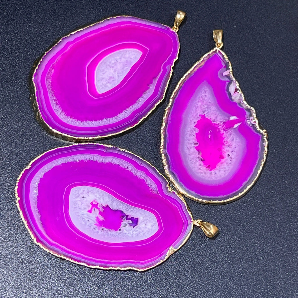 Large Pink Agate Slice Crystal Pendant (Gold Plated) Wholesale | Craft Supplies & Tools > Beads, Gems & Cabochons > Charms & Pendants > Charms | Wiccan Center