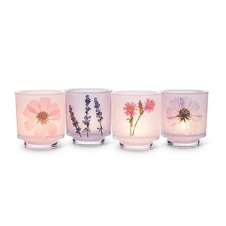 Frosted Glass Votive Candle Holder With Pressed Flowers Set of 4 | Candles & Holders | Wiccan Center