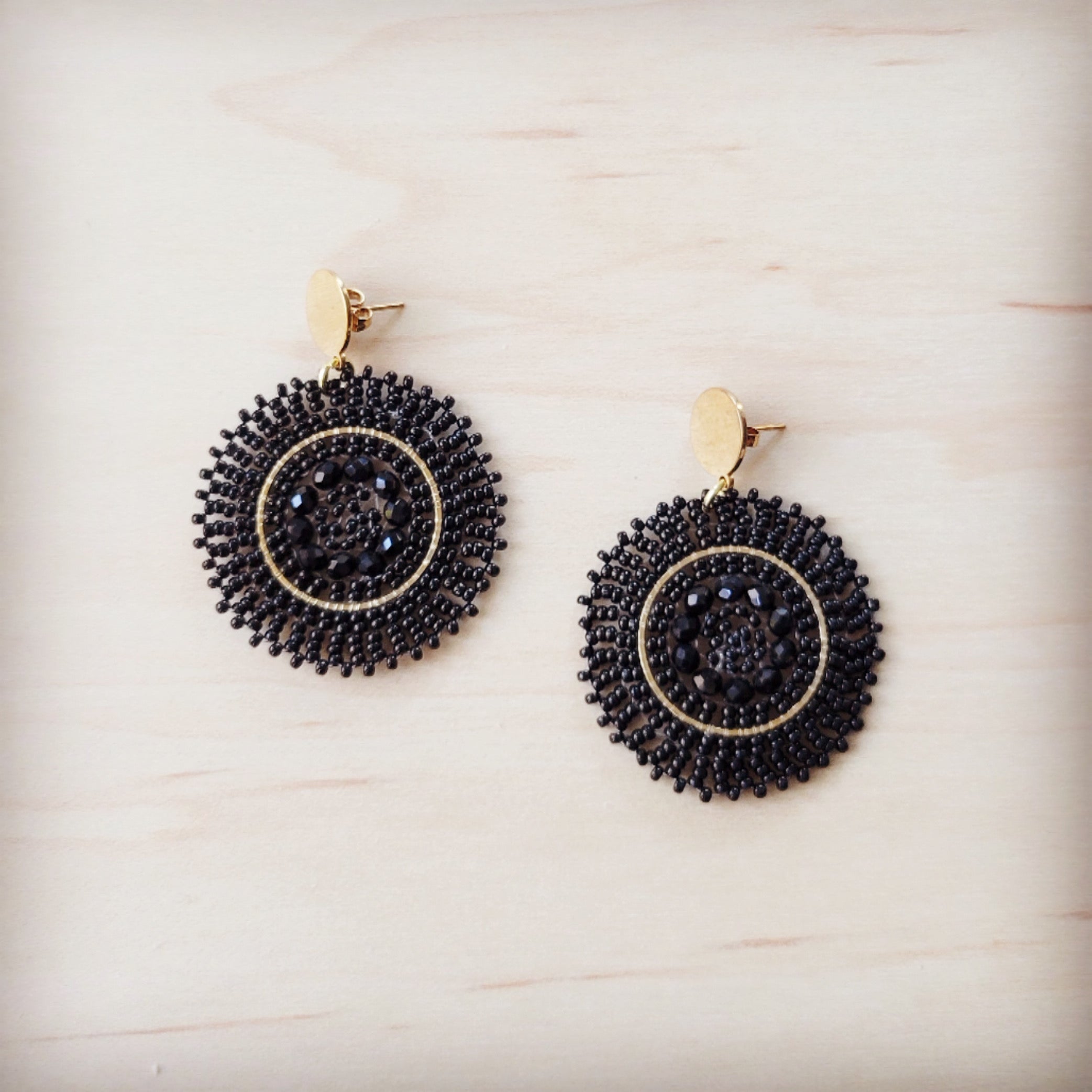 **Gold & Ebony Beaded Medallion Dangle Earrings 219ci