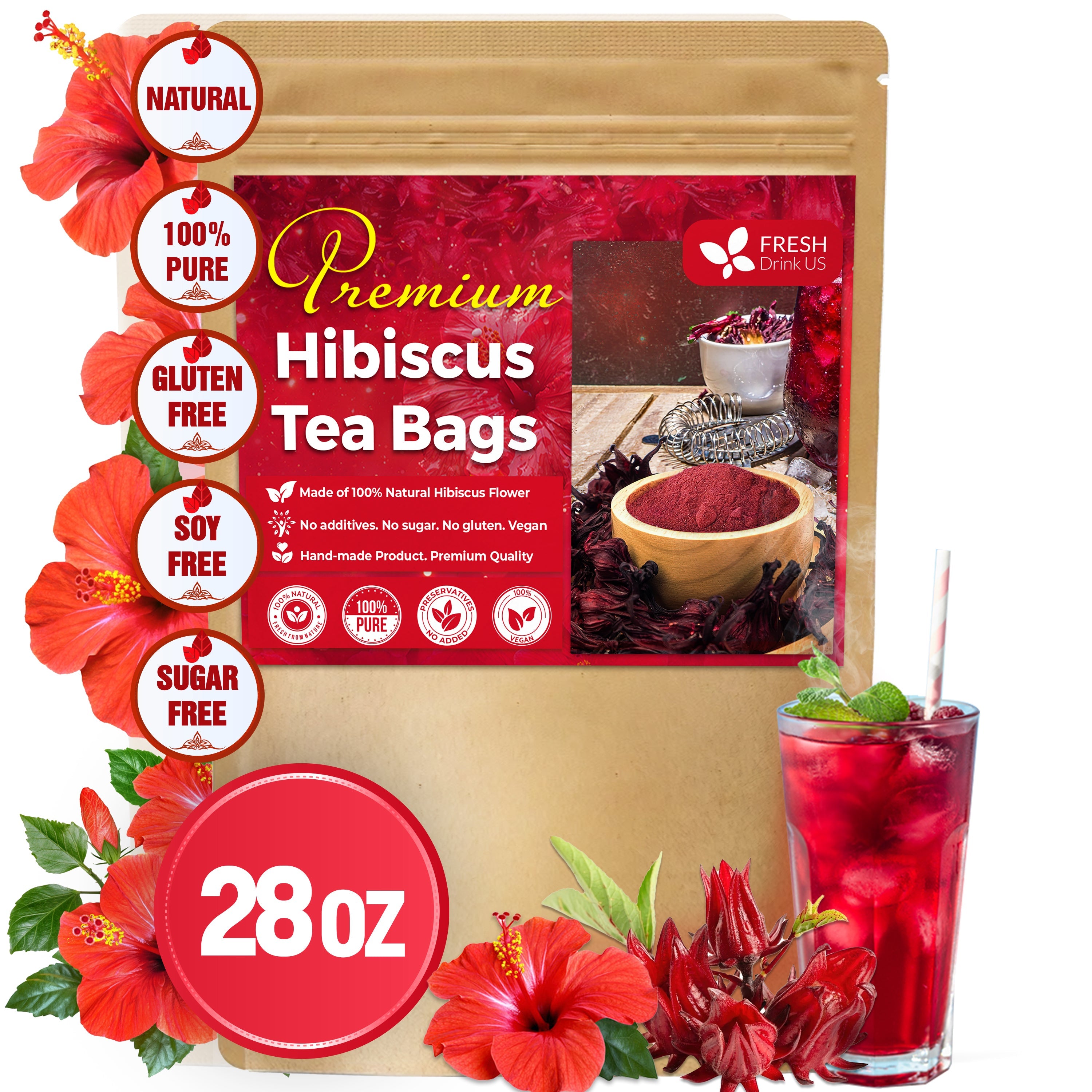 Hibiscus Dried Flowers, Tea Bags, 100% Natural, Pure from Hibiscus Flowers. Loose Flower Hibiscus Herbal Tea. Hibiscus Flower Tea. No Sugar, No Caffeine, No Gluten, Vegan. | Tea | Wiccan Center