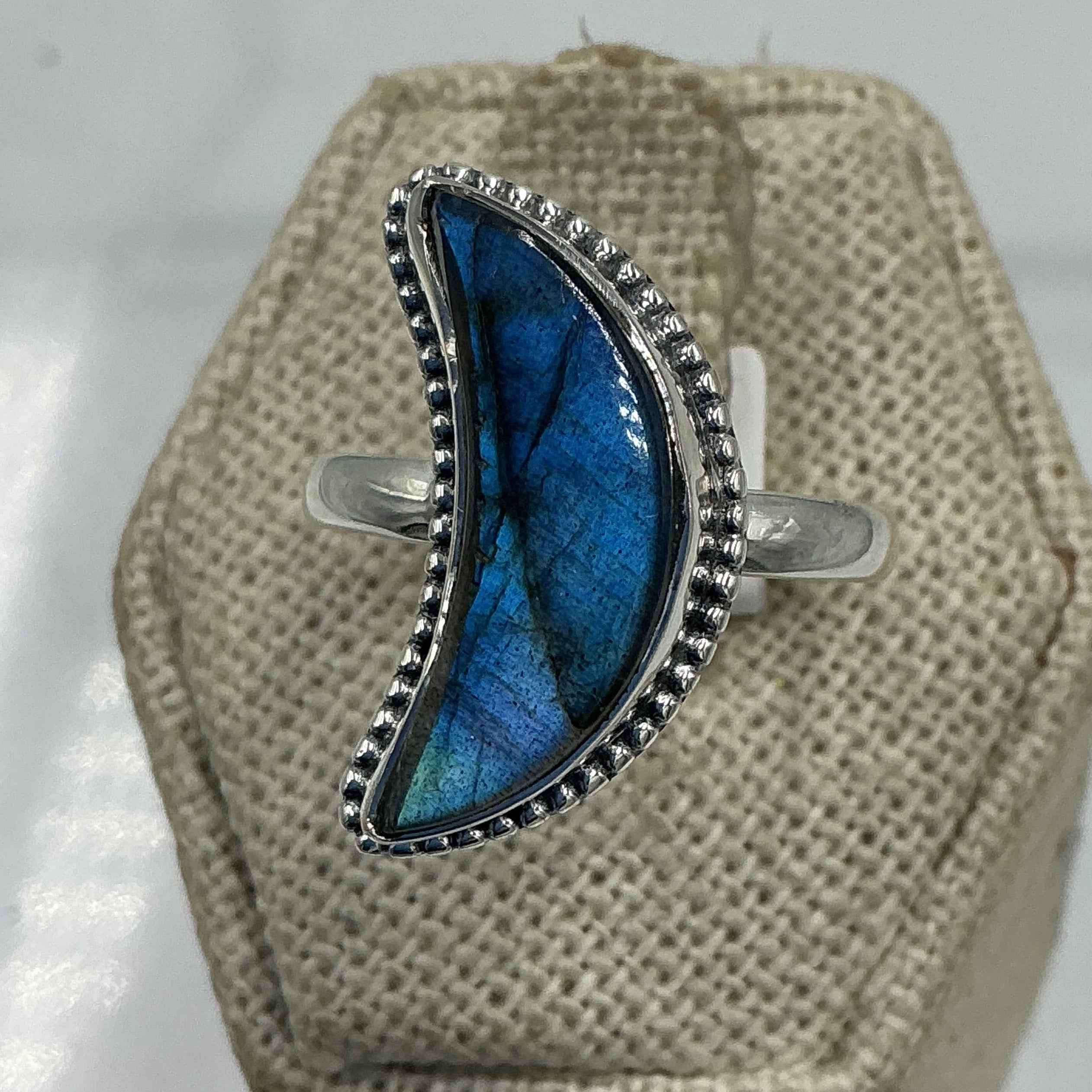 Sterling Silver Labradorite Crescent Moon Ring – Size 9 – Intuition, Protection & Mystical Energy | Rings | Wiccan Center