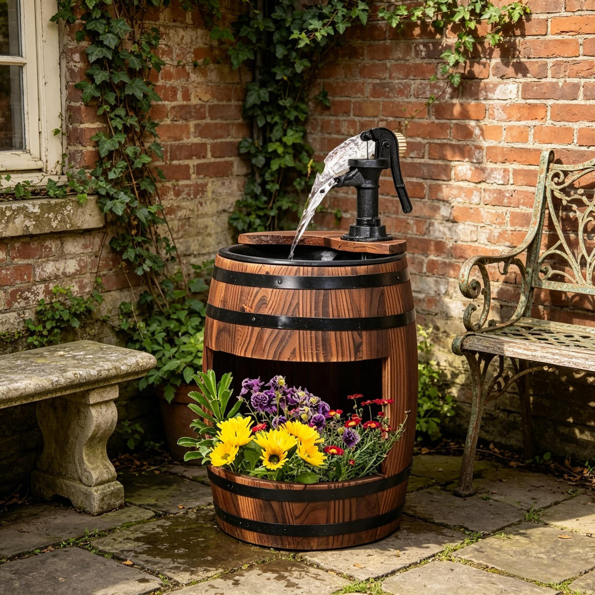 Wood and Iron Barrel Pump Fountain Planter 23 Inch | Outdoor Fountain | Wiccan Center