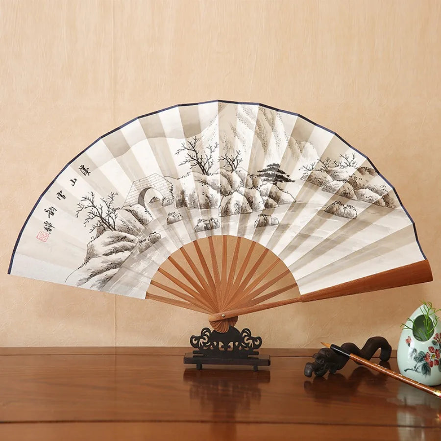 1Pcs Chinese Style Retro Folding Silk Fan Decorative Men Pocket Bamboo Handle Hand Held Fan Party Favors Home Decoration Crafts