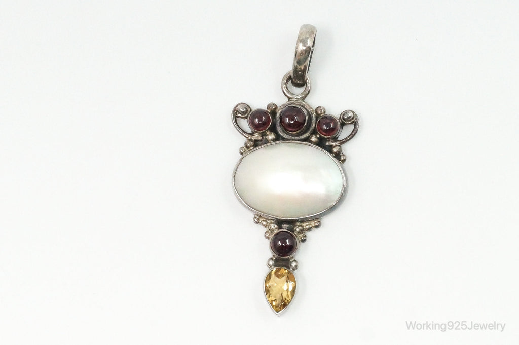 Large Vintage Mothe Of Pearl Citrine Garnet Sterling Silver Pendant | Jewelry > Necklaces > Pendants | Wiccan Center