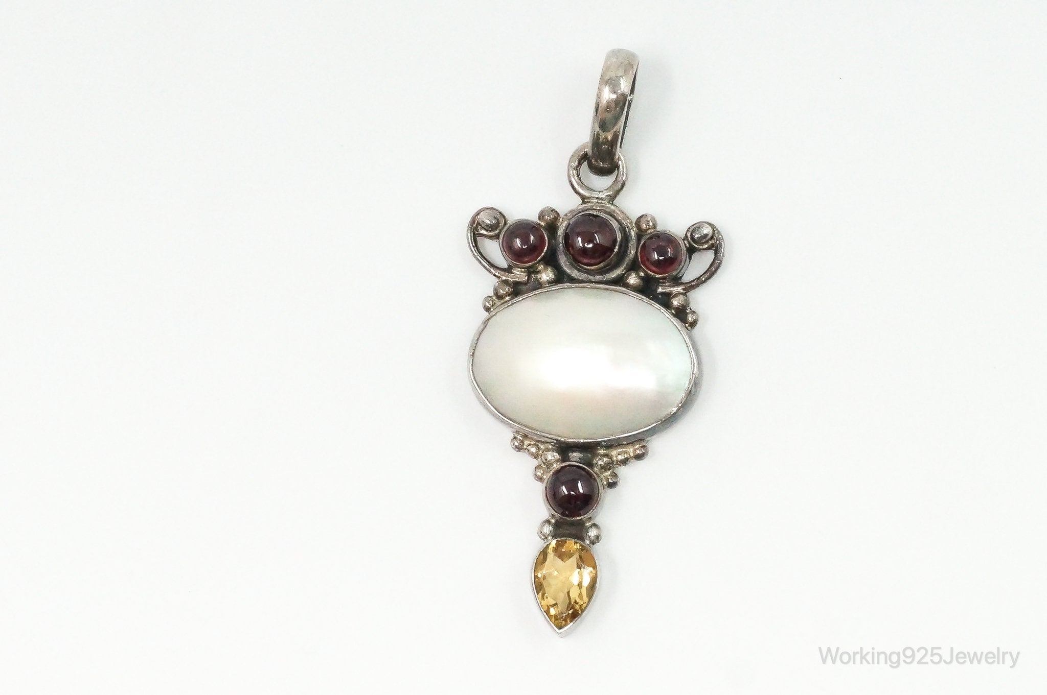 Large Vintage Mothe Of Pearl Citrine Garnet Sterling Silver Pendant | Jewelry > Necklaces > Pendants | Wiccan Center