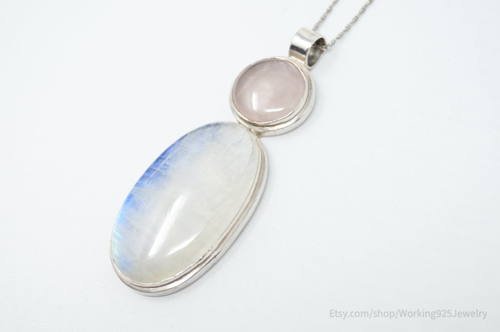 Vintage Large Moonstone Rose Quartz Sterling Silver Southwestern Necklace | Jewelry > Necklaces > Pendants | Wiccan Center