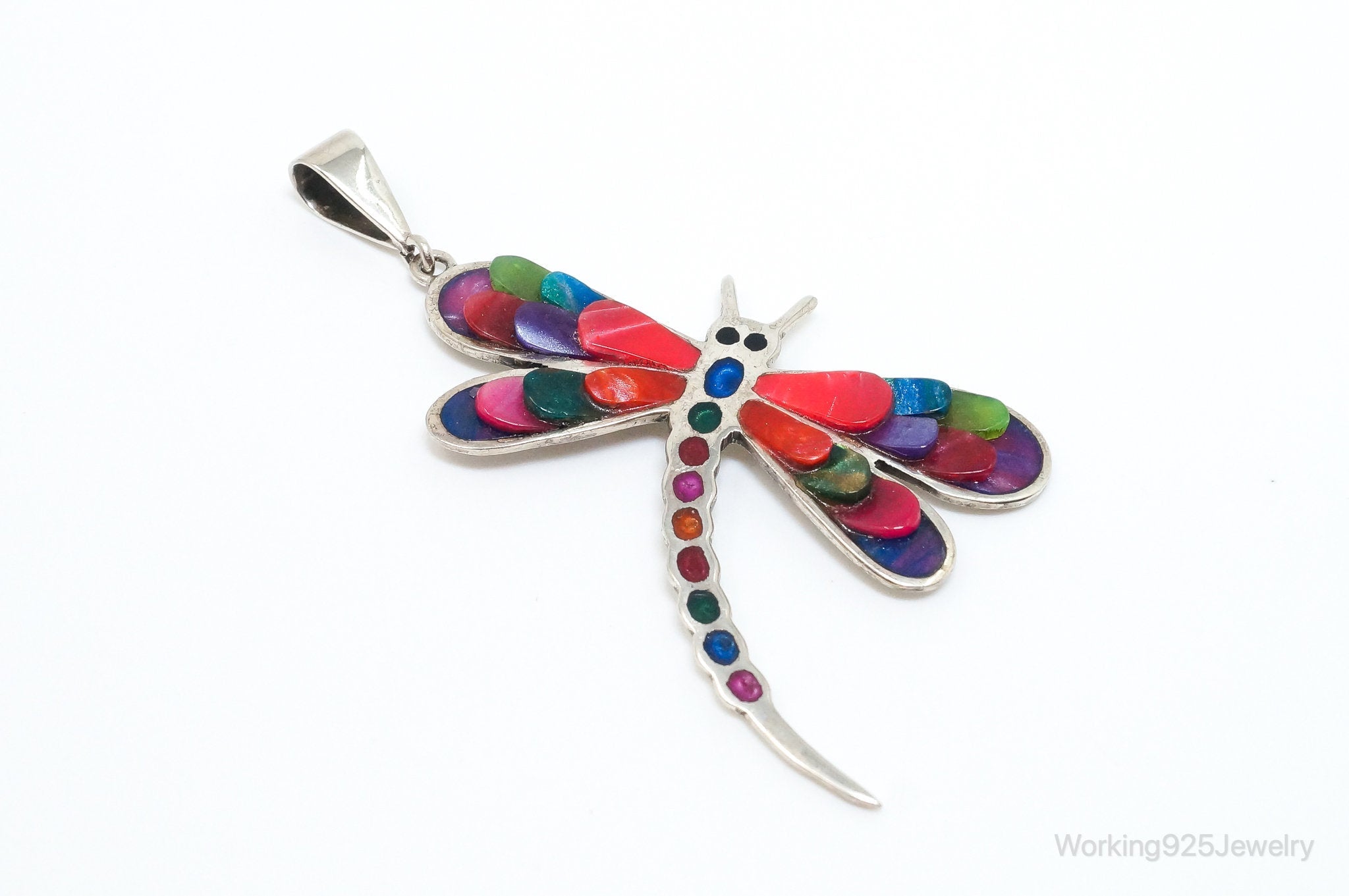 Large Vintage Handmade Multi Color Gem Inlay Dragonfly 950 Silver Pendant | Jewelry > Necklaces > Pendants | Wiccan Center
