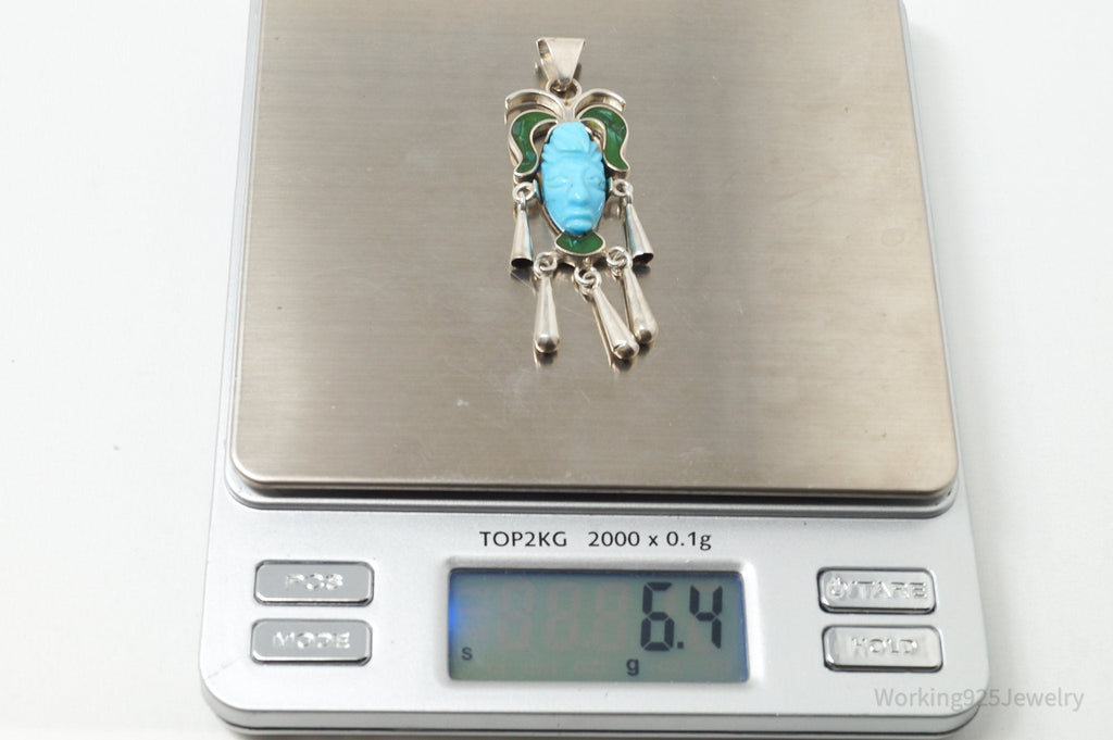 Vintage Taxco Mexican Carved Turquoise Sterling Silver Necklace Pendant | Jewelry > Necklaces | Wiccan Center
