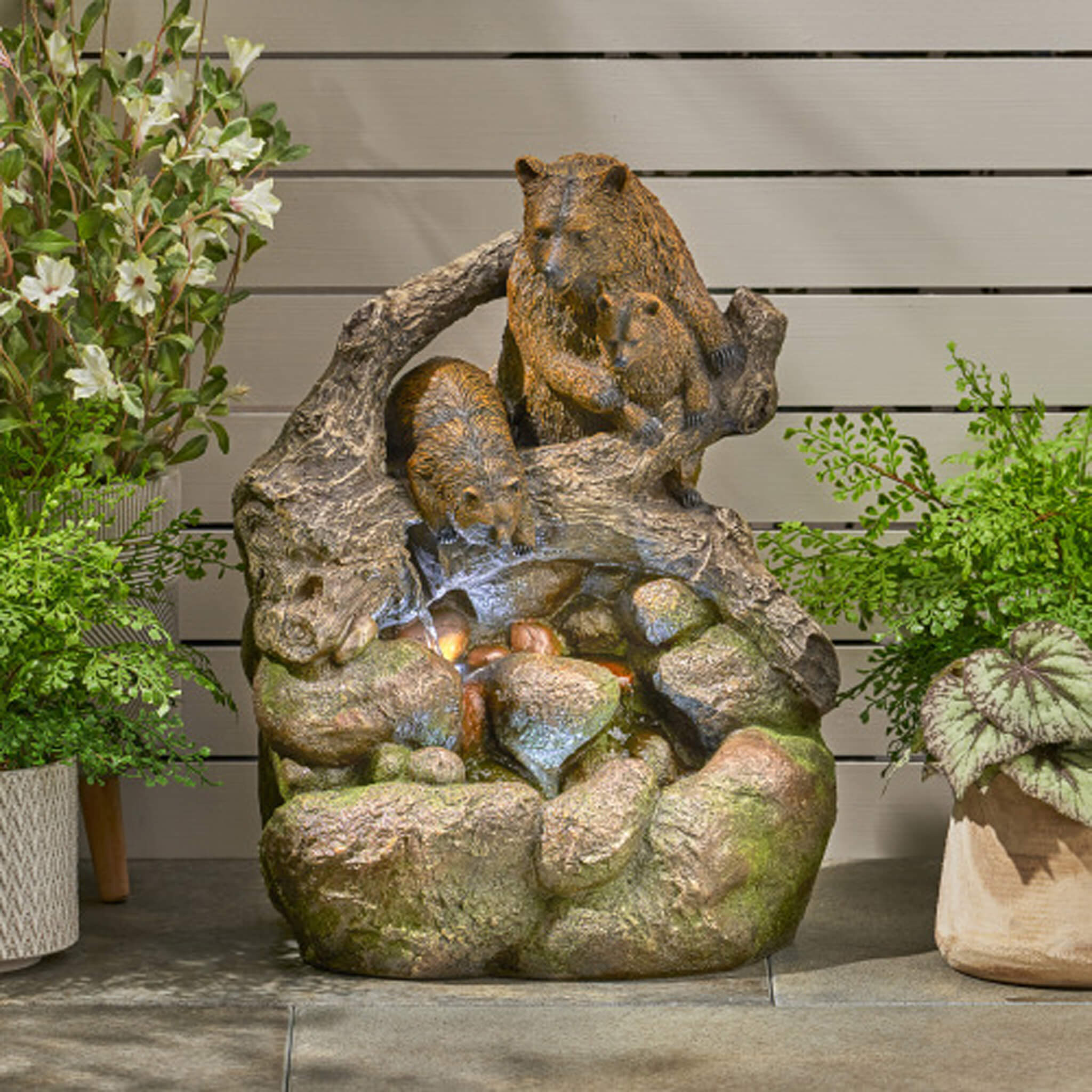 [CLEARANCE] Alora 22-Inch Weather-Resistant Outdoor Bears On A Log Floor Fountain With LED Lights (SAK77651) | Fountains | Wiccan Center