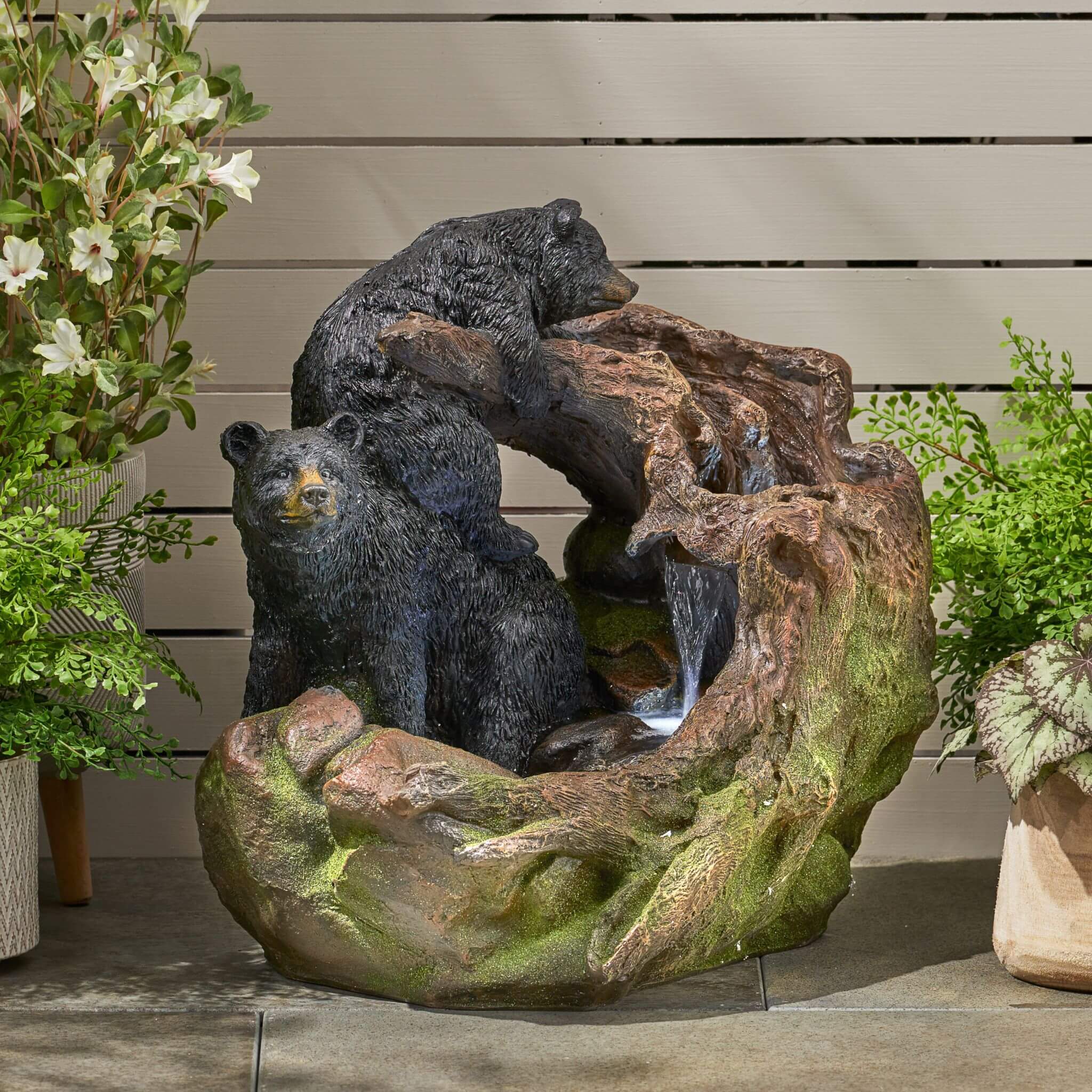 [CLEARANCE] Alora 22-Inch Weather-Resistant Outdoor Bears On A Log Floor Fountain With LED Lights (SAK77651) | Fountains | Wiccan Center