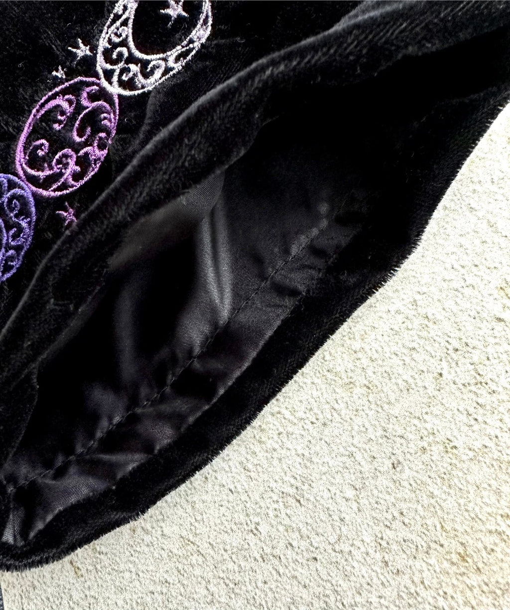 Triple Moon Black Velvet Embroidered Tarot Card Bag With Satin Lining