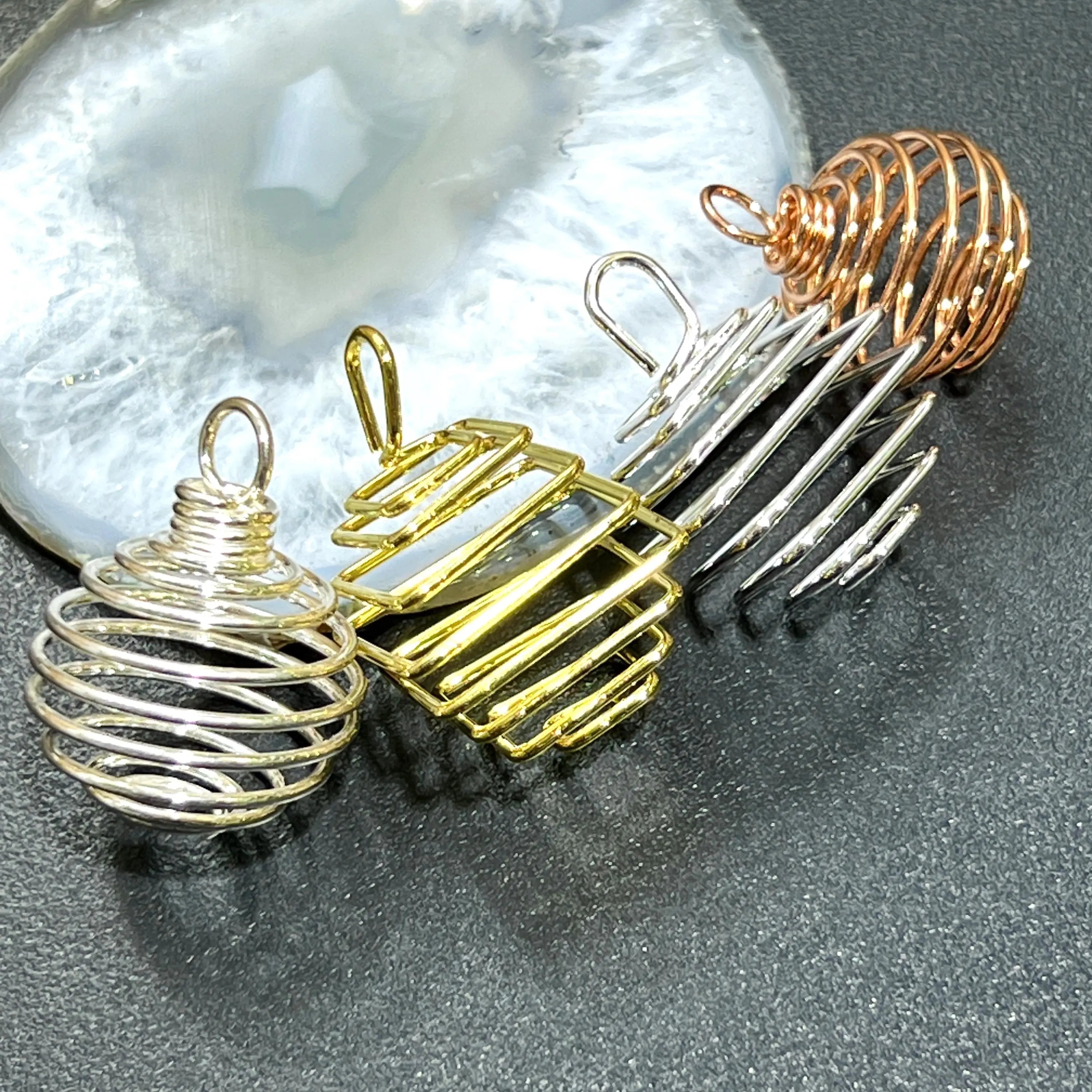 Crystal Gem Holder Spiral Cage Pendants (Silver, Gold, or Copper Plated) Circle Square Wholesale | Craft Supplies & Tools > Beads, Gems & Cabochons > Charms & Pendants > Pendants | Wiccan Center