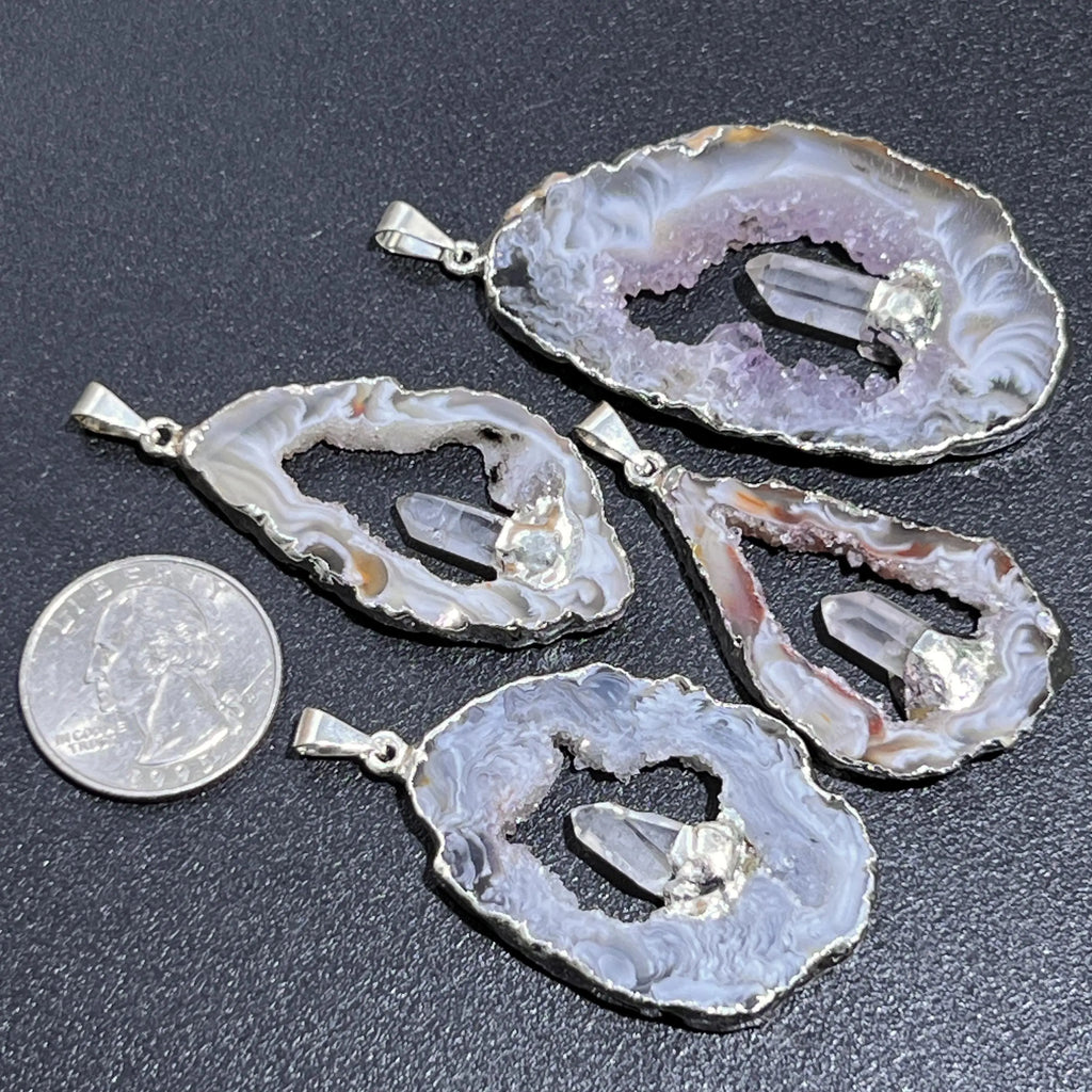 Large Brazilian Oco Geode Pendant Silver Plated with Clear Quartz | Craft Supplies & Tools > Beads, Gems & Cabochons > Charms & Pendants > Pendants | Wiccan Center