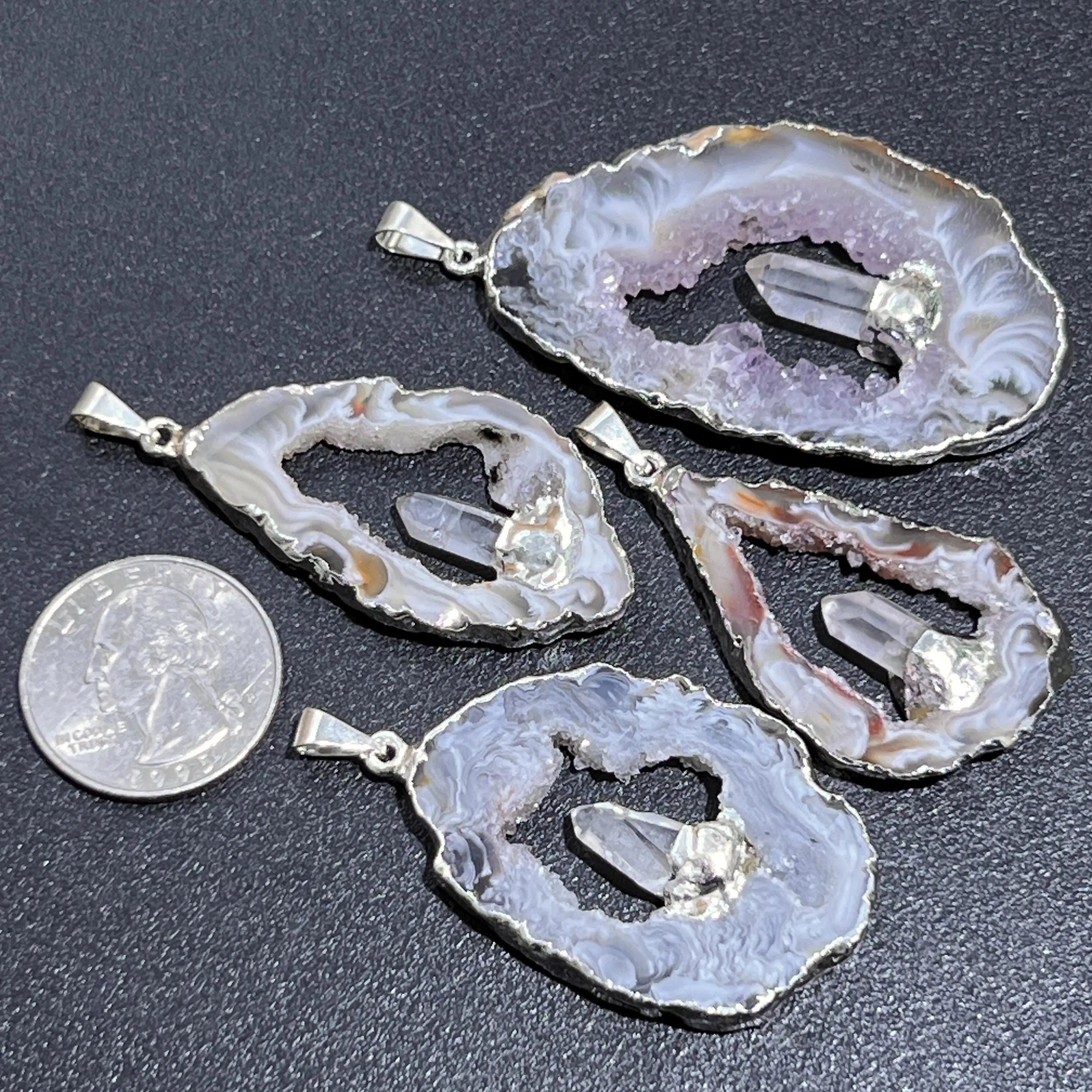 Large Brazilian Oco Geode Pendant Silver Plated with Clear Quartz | Craft Supplies & Tools > Beads, Gems & Cabochons > Charms & Pendants > Pendants | Wiccan Center