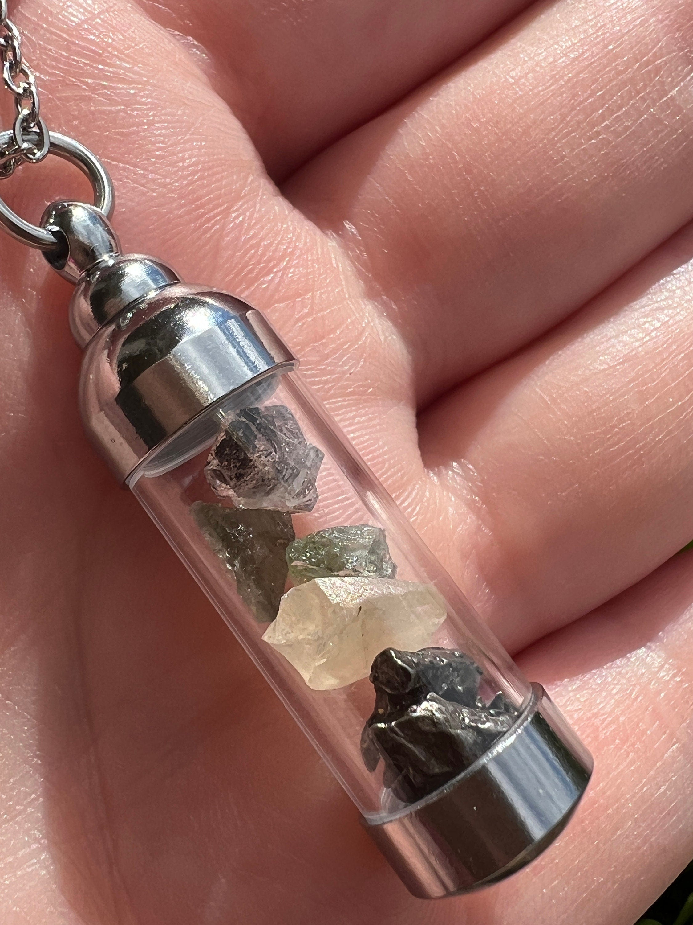 Moldavite Herkimer Diamond Meteroite Libyan Desert Glass Pendant | Iron Campo del Cielo Raw Tektite Jewelry Vial Necklace | Transformation | | Wiccan Center