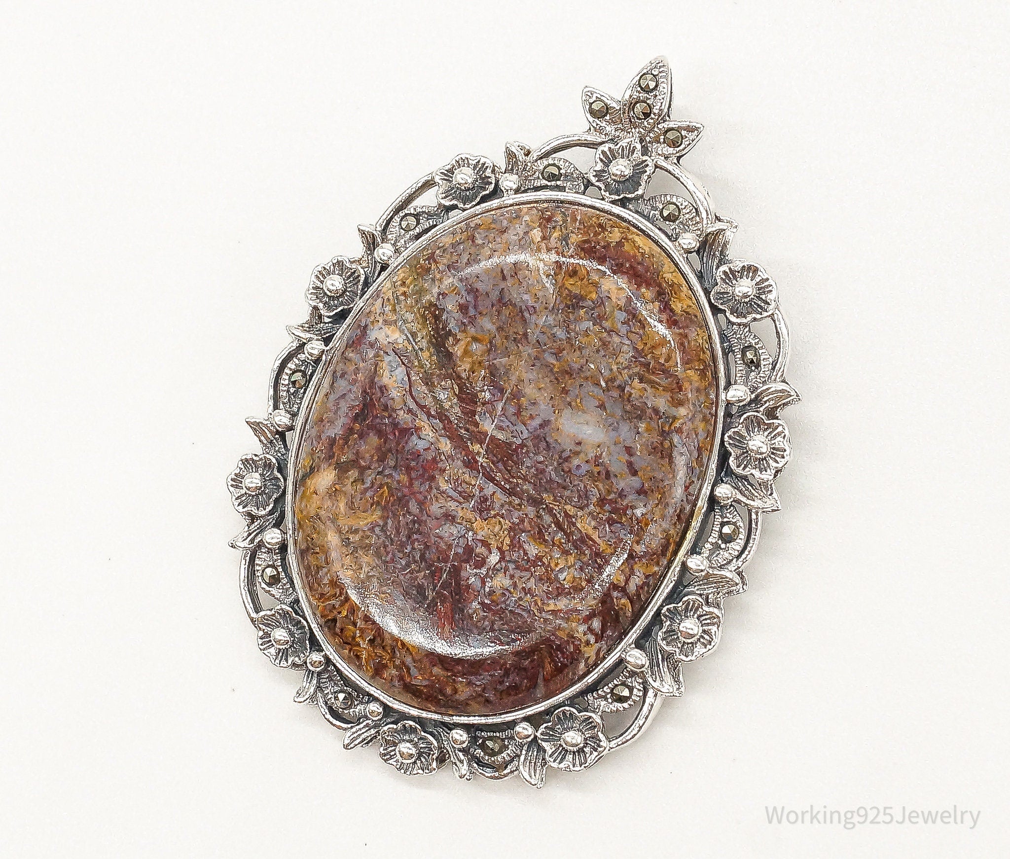 Vintage Large Designer NK Jasper Marcasite Sterling Silver Pendant | Jewelry > Necklaces > Pendants | Wiccan Center