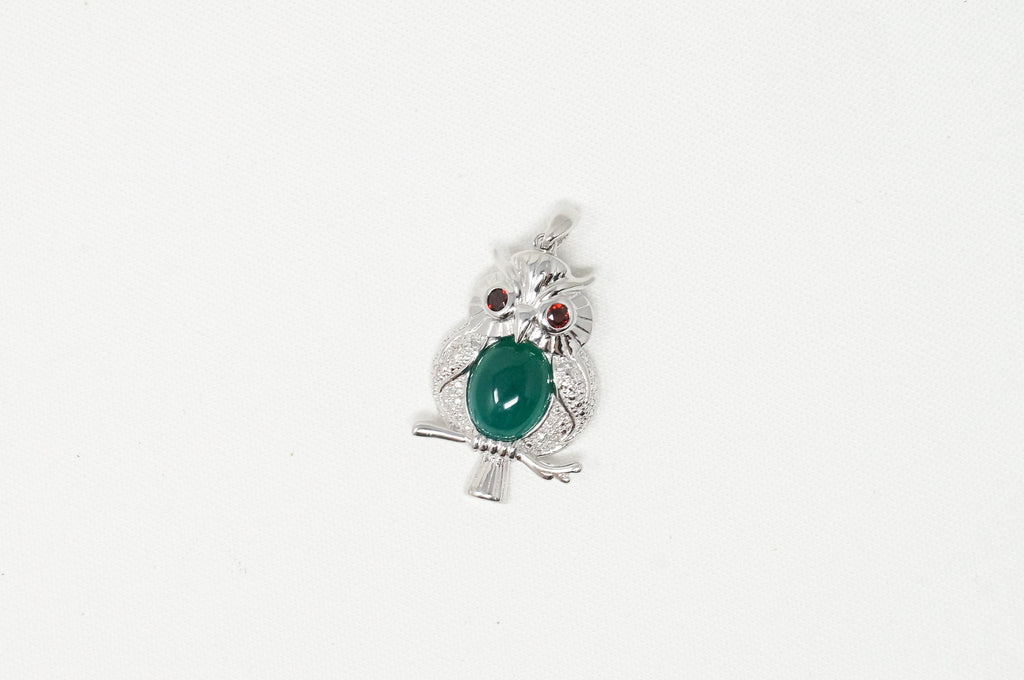 Vintage Green Chalcedony Garnet Wise Owl Sterling Silver Pendant Necklace | Jewelry > Necklaces > Pendants | Wiccan Center