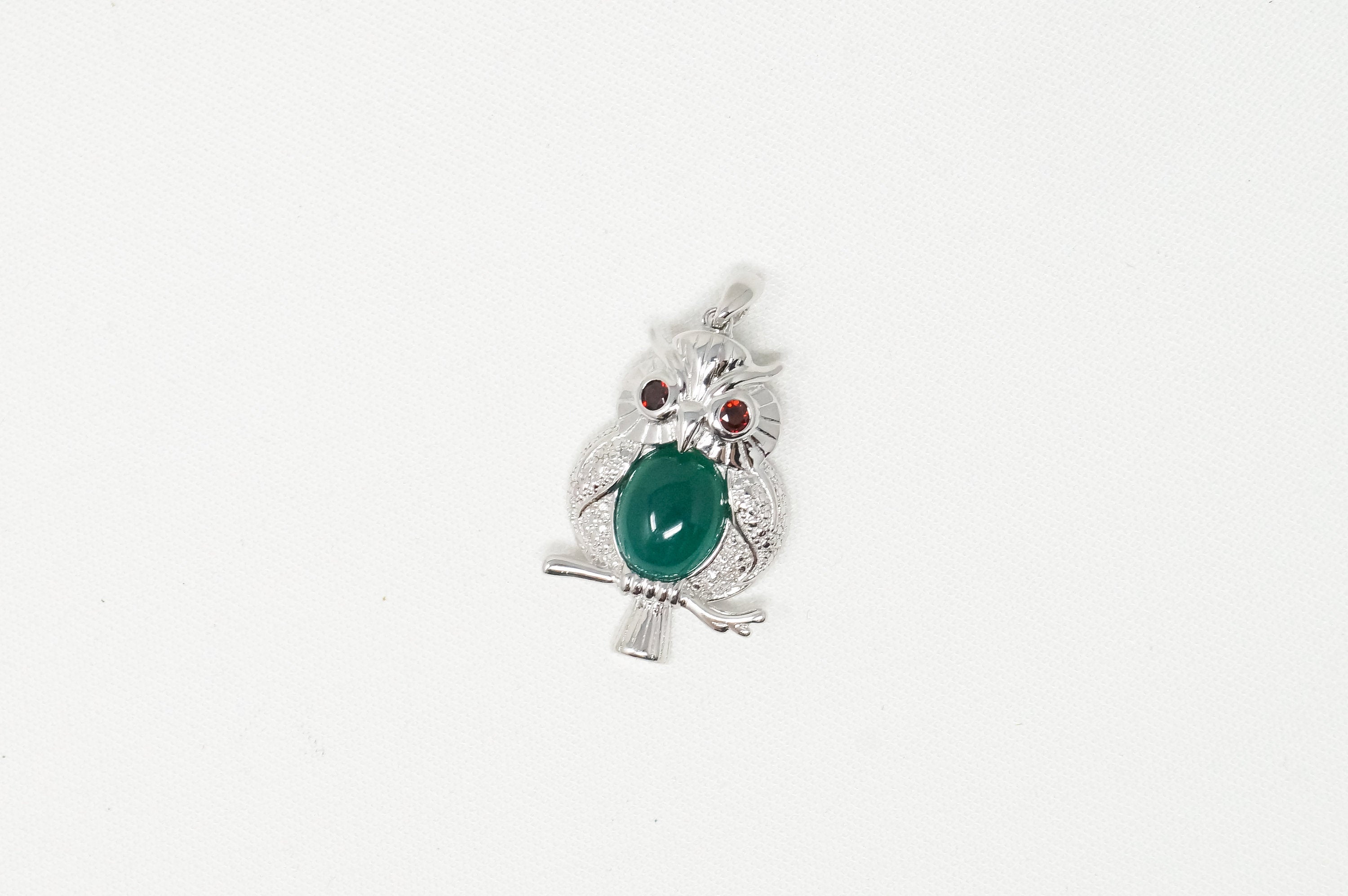 Vintage Green Chalcedony Garnet Wise Owl Sterling Silver Pendant Necklace | Jewelry > Necklaces > Pendants | Wiccan Center