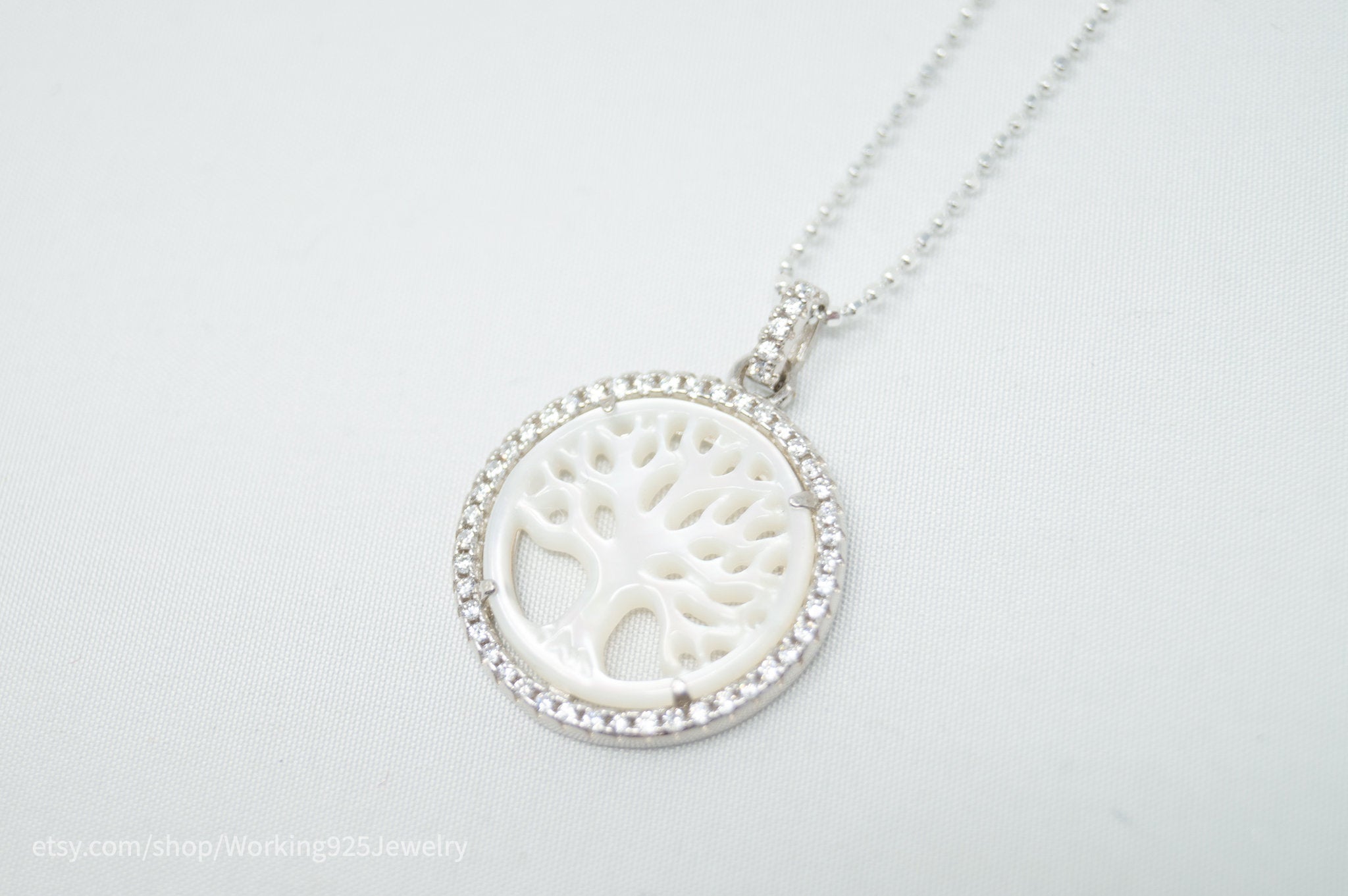 Vintage Carved Mother Of Pearl Star Tree Of Life CZ Sterling Silver Necklace | Jewelry > Necklaces > Pendants | Wiccan Center