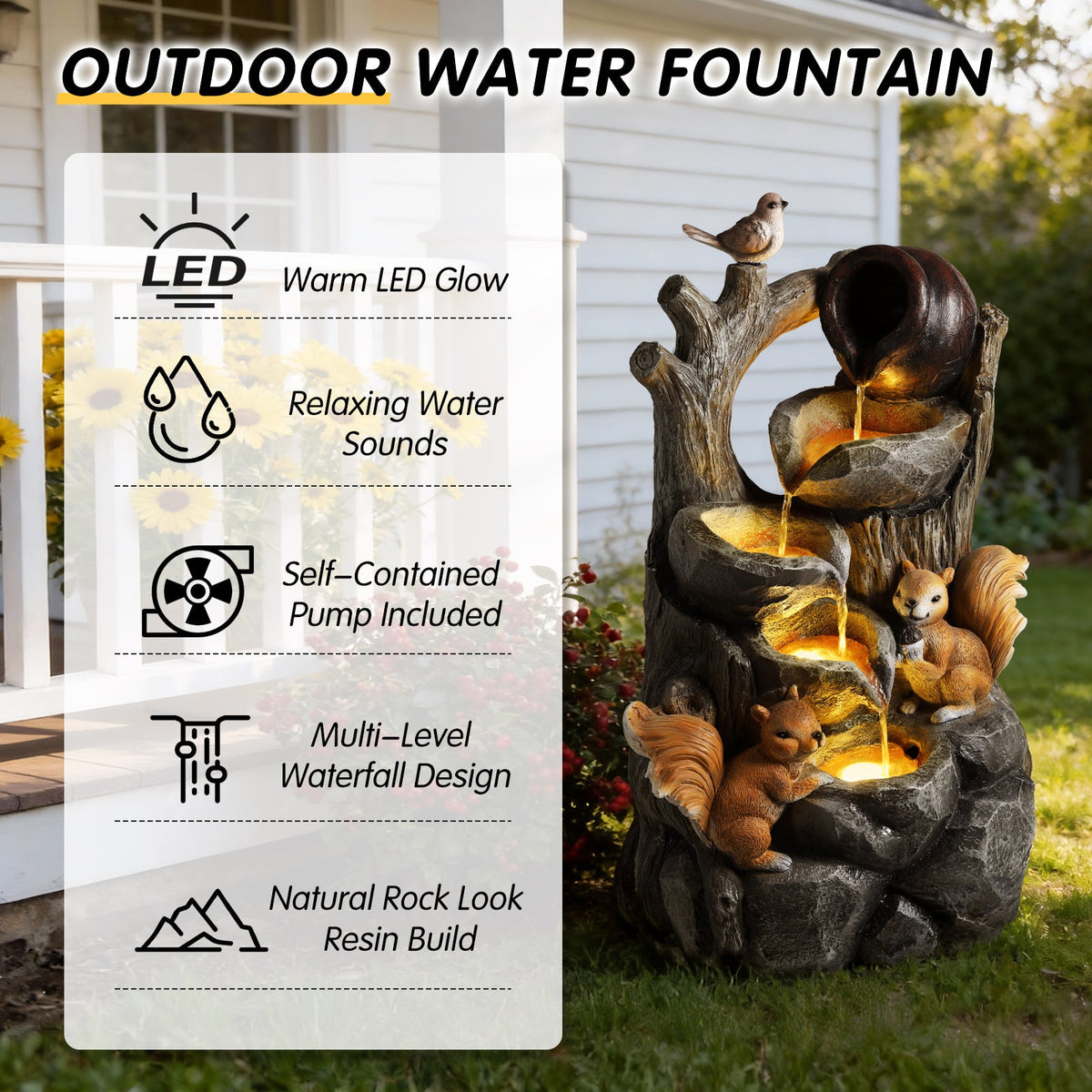 Resin Squirrel Tree Stump Outdoor Fountain 30 Inch LED