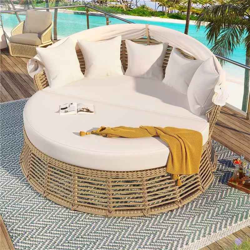 Outdoor Patio Rattan Round Daybed with Retractable Canopy, Wicker | Furniture | Wiccan Center