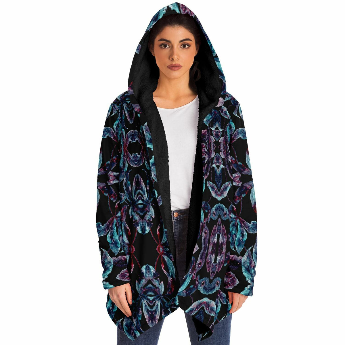 Dark Tropics Cuddle Cloak | Unisex Minky Sherpa Lined Hooded Coat | Women and Mens Festival Coat | Mountain Fashion | Microfleece Cloak - AOP | Wiccan Center