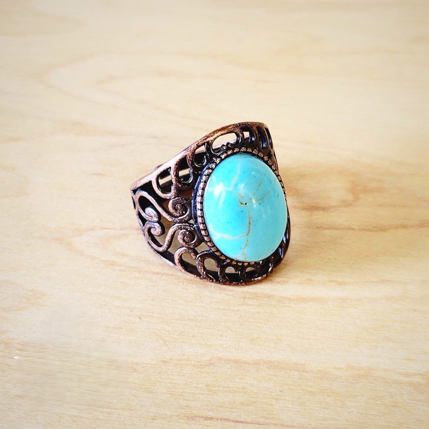 **Blue Turquoise Ring in Antique Copper Filigree Setting 012d | Ring | Wiccan Center