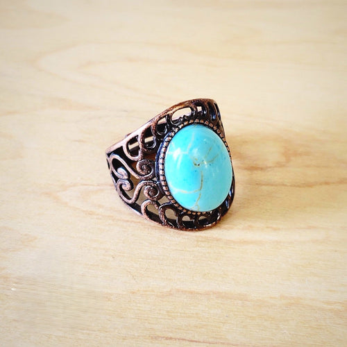 **Blue Turquoise Ring in Antique Copper Filigree Setting 012d | Ring | Wiccan Center