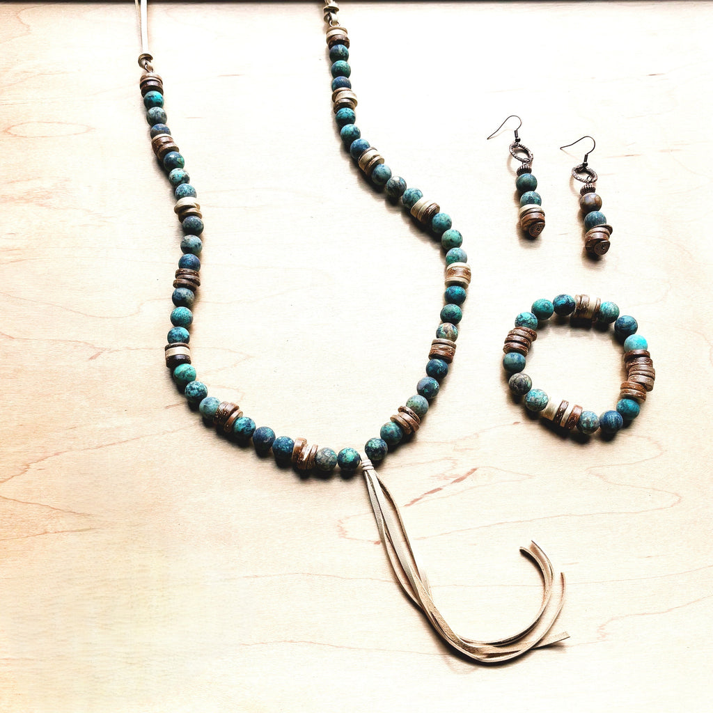 Frosted African Turquoise and Wood Earrings (220d) | Earrings | Wiccan Center
