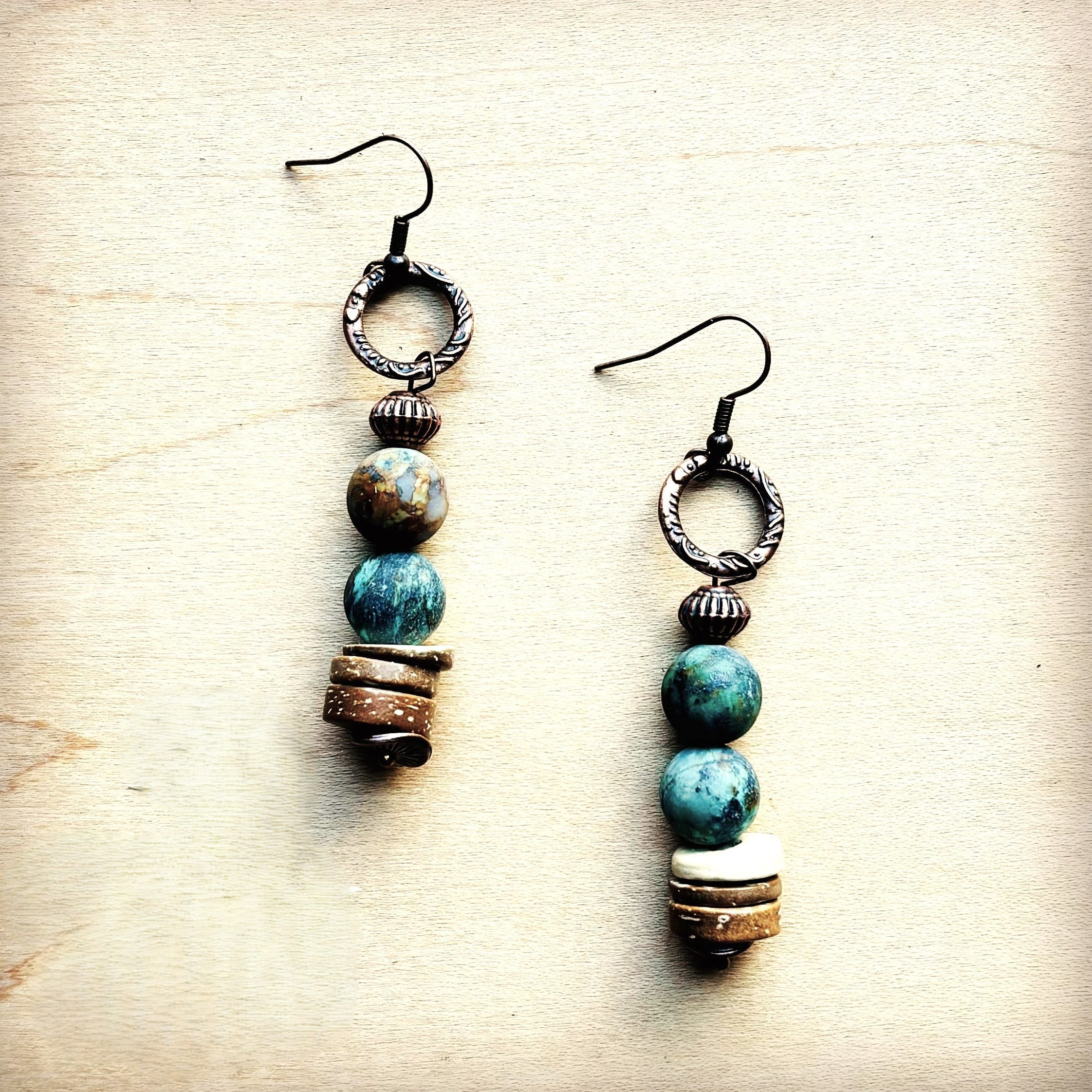 Frosted African Turquoise and Wood Earrings (220d) | Earrings | Wiccan Center