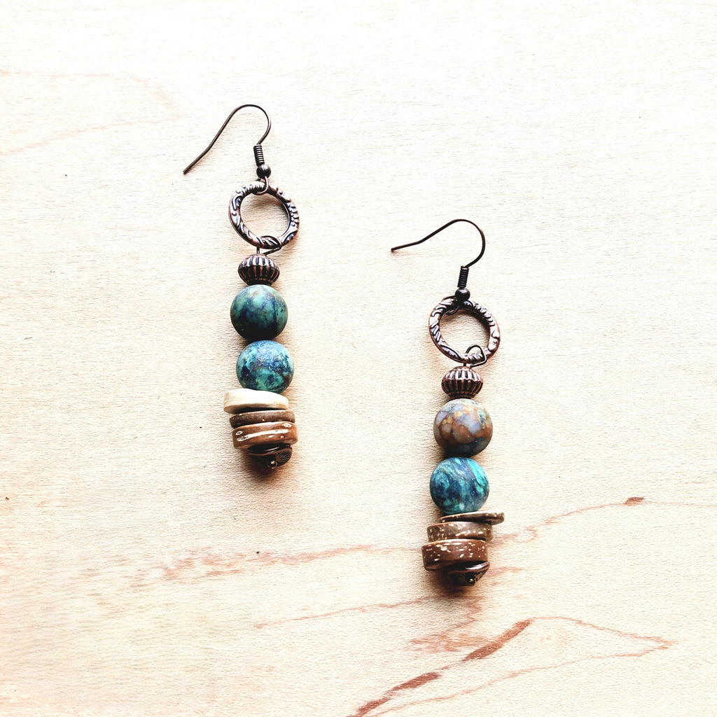 Frosted African Turquoise and Wood Earrings (220d) | Earrings | Wiccan Center