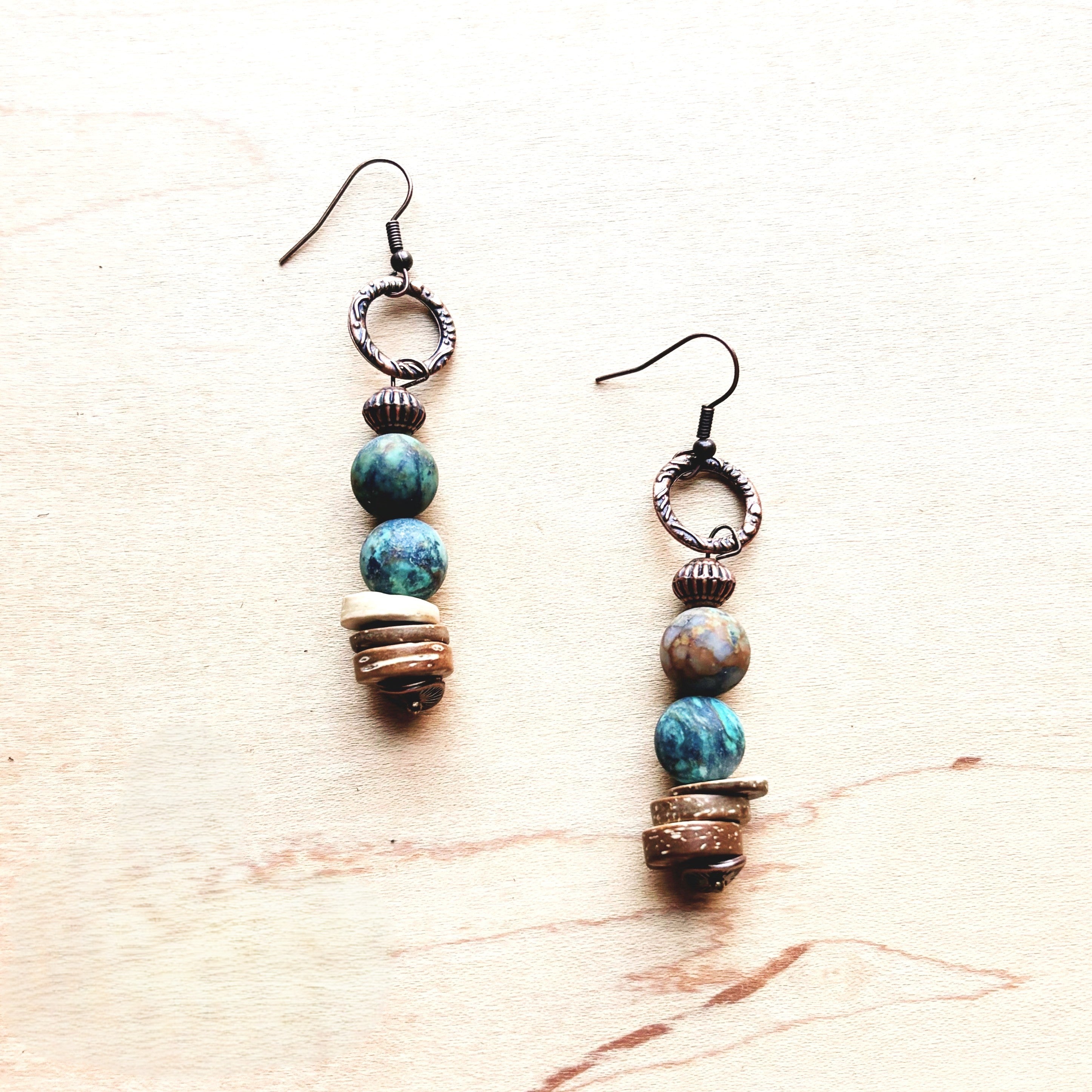 Frosted African Turquoise and Wood Earrings (220d) | Earrings | Wiccan Center