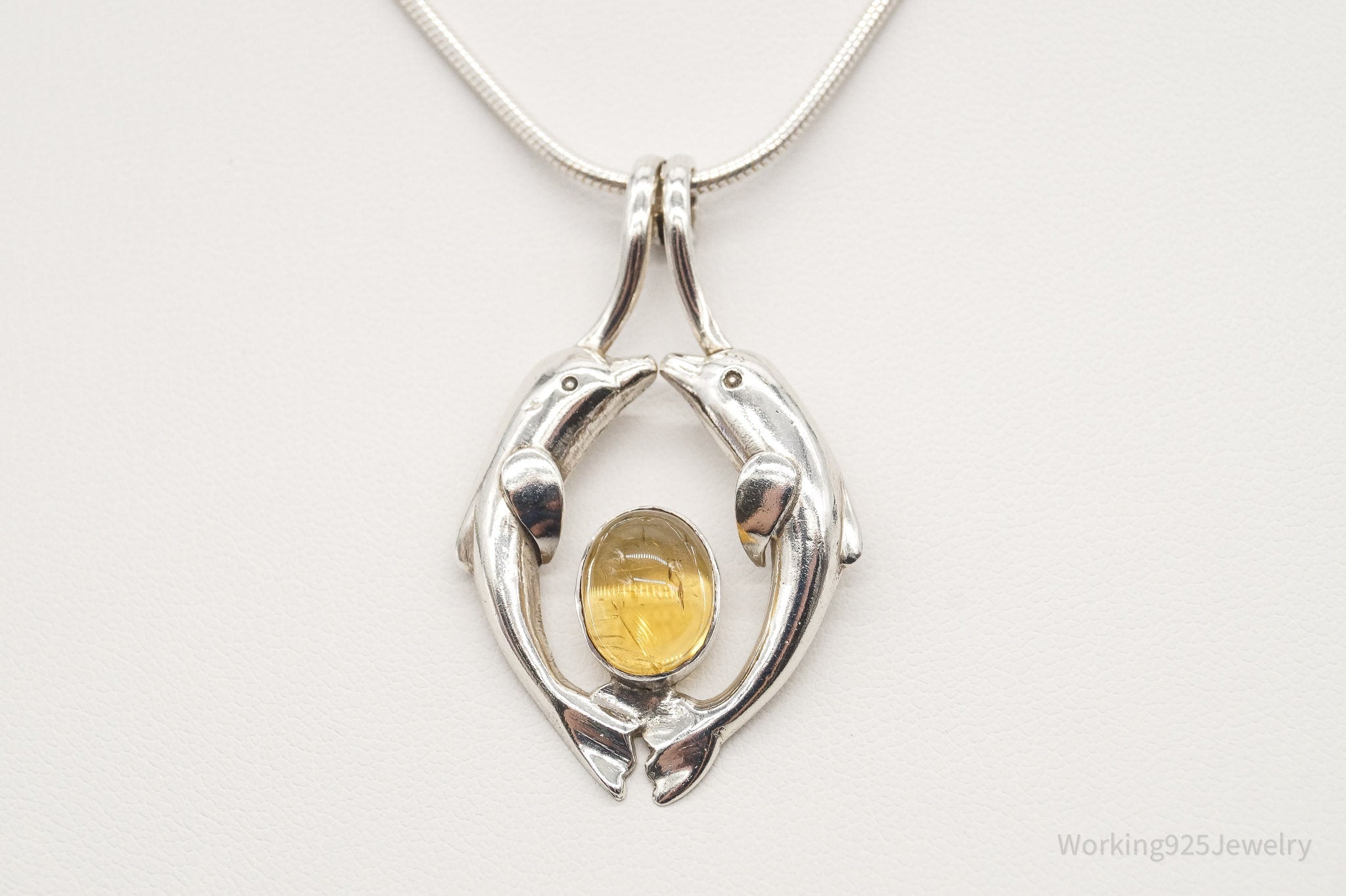 Vintage Large Kissing Dolphins Citrine Sterling Silver Necklace | Jewelry > Necklaces > Pendants | Wiccan Center