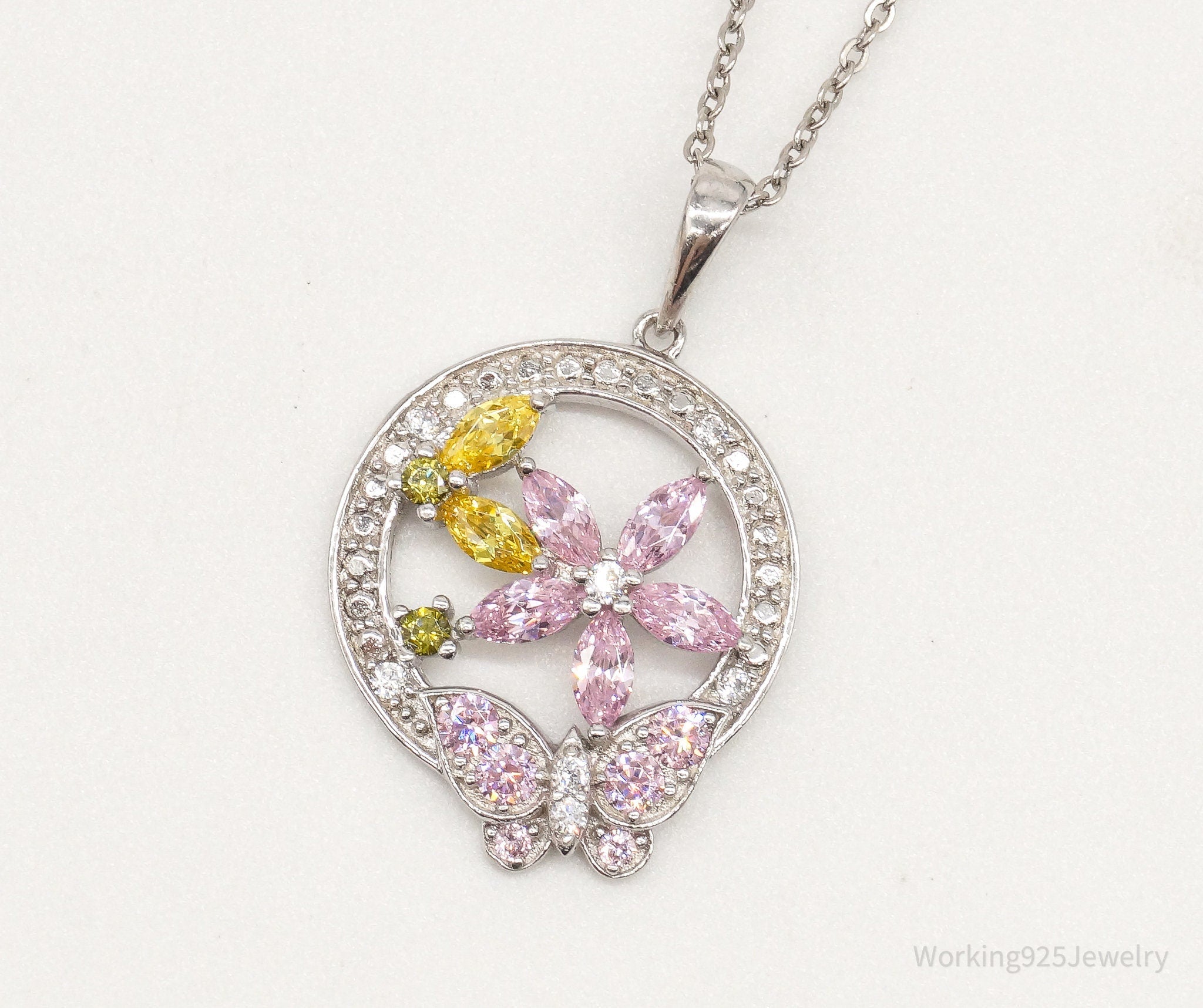 Vintage Multi Color Cubic Zirconia Sterling Silver Flower Necklace | Jewelry > Necklaces > Pendants | Wiccan Center