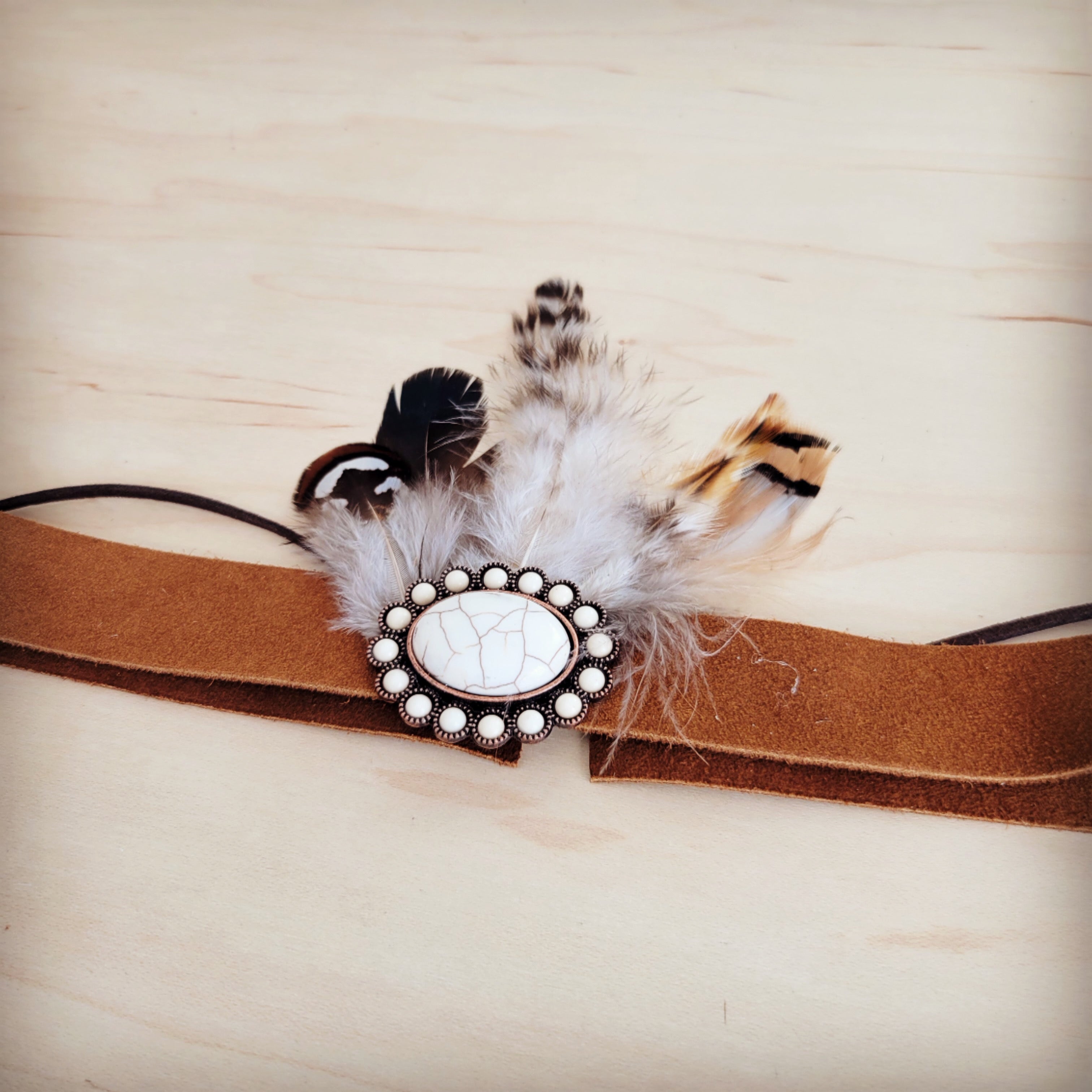 **Genuine Suede Leather Hat Band w/ Stone Pendant & Feathers 954u | Hat Band | Wiccan Center