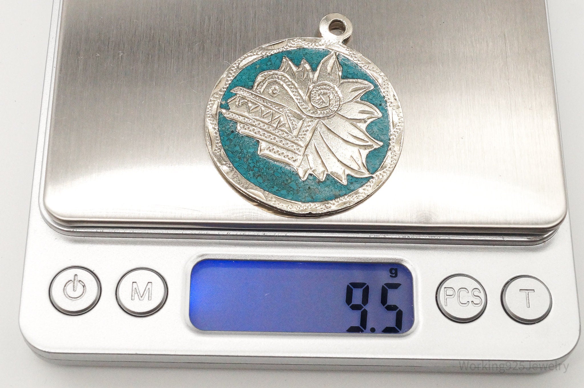 Vintage Large Mexico Mayan Aztec Warrior Mask Turquoise Alpaca Silver Pendant | Jewelry > Necklaces > Pendants | Wiccan Center