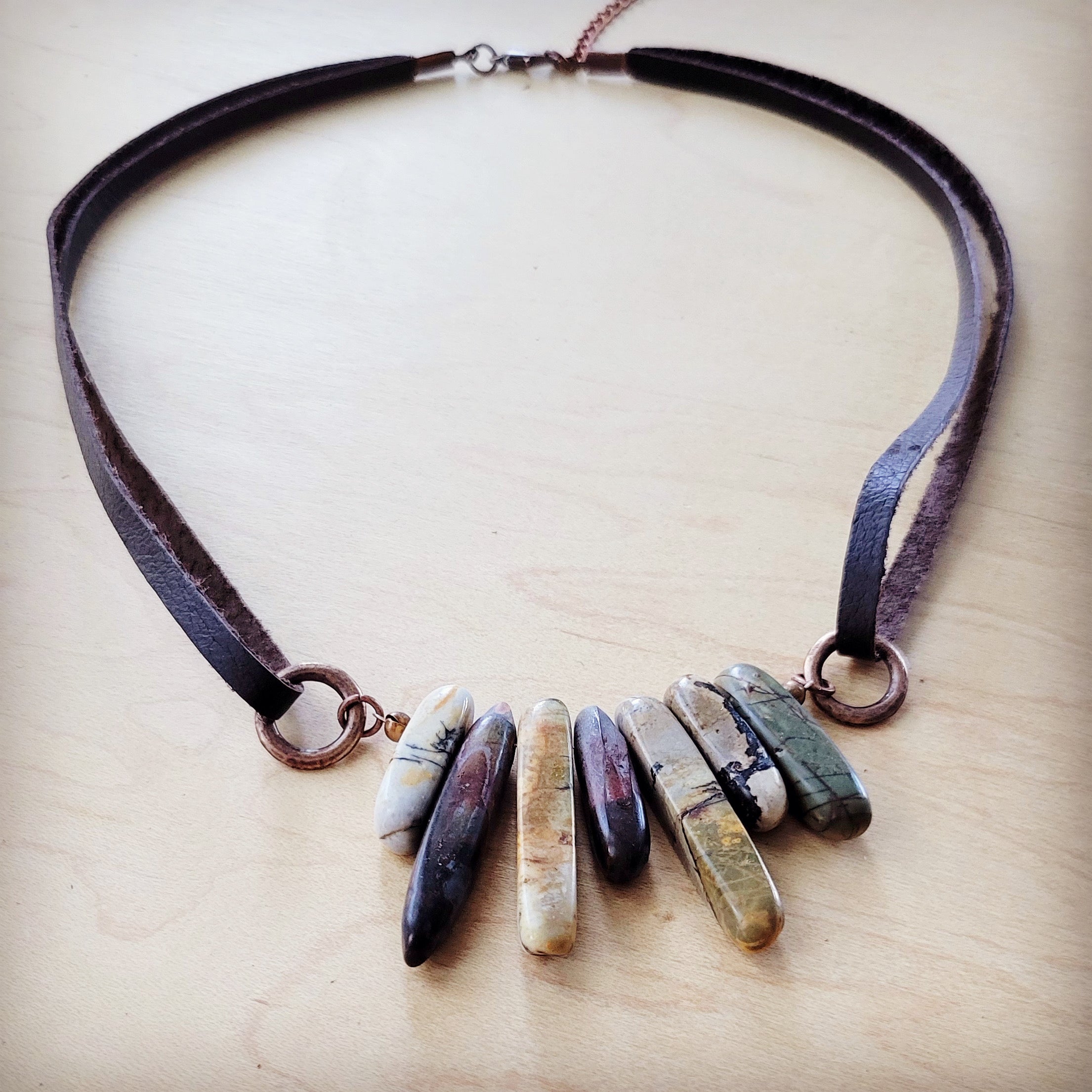 Picasso Jasper Stone Collar Necklace w/ Genuine Leather Cord 261f | Necklace | Wiccan Center